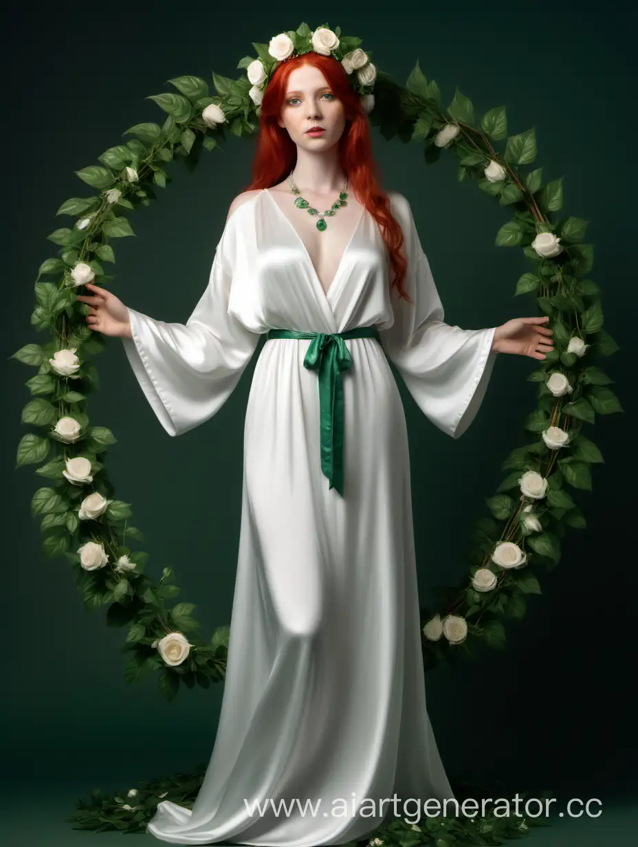 Девушка с рыжими волосами стоит в полный рост в белом платье-комбинация на лямках, сверху надет белый шёлковый халат нараспашку. На шее надето ожерелье из маленьких изумрудных листьев. На голове венок из листочков и маленьких белых роз. 