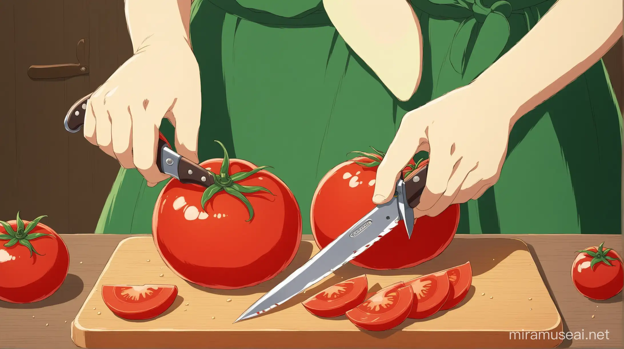 Anime Style Hand Cutting Tomato Studio Ghibli Inspired Scene