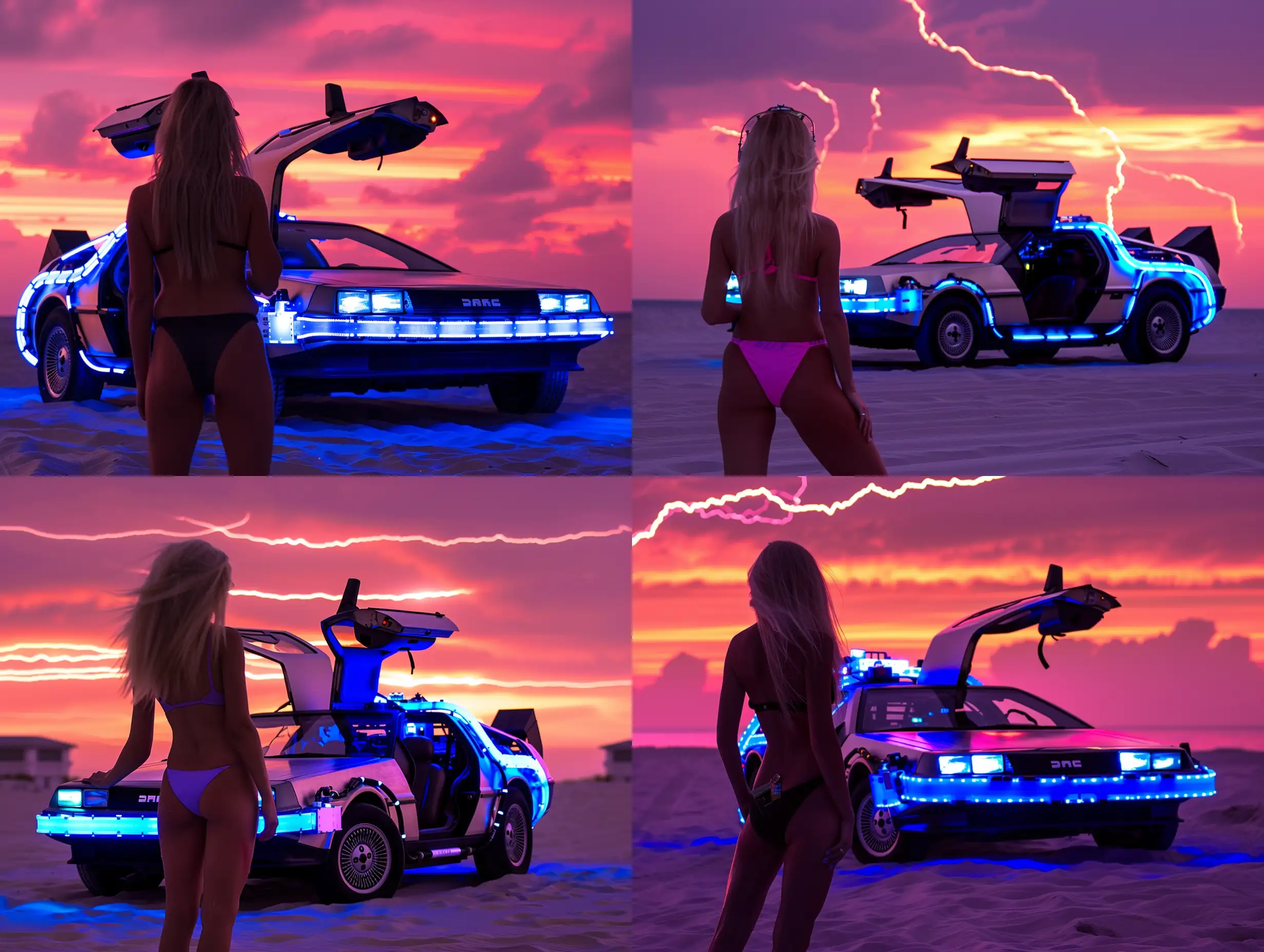 Blonde-Woman-in-Swimsuit-with-Back-to-the-Future-Delorean-on-Sunset-Beach