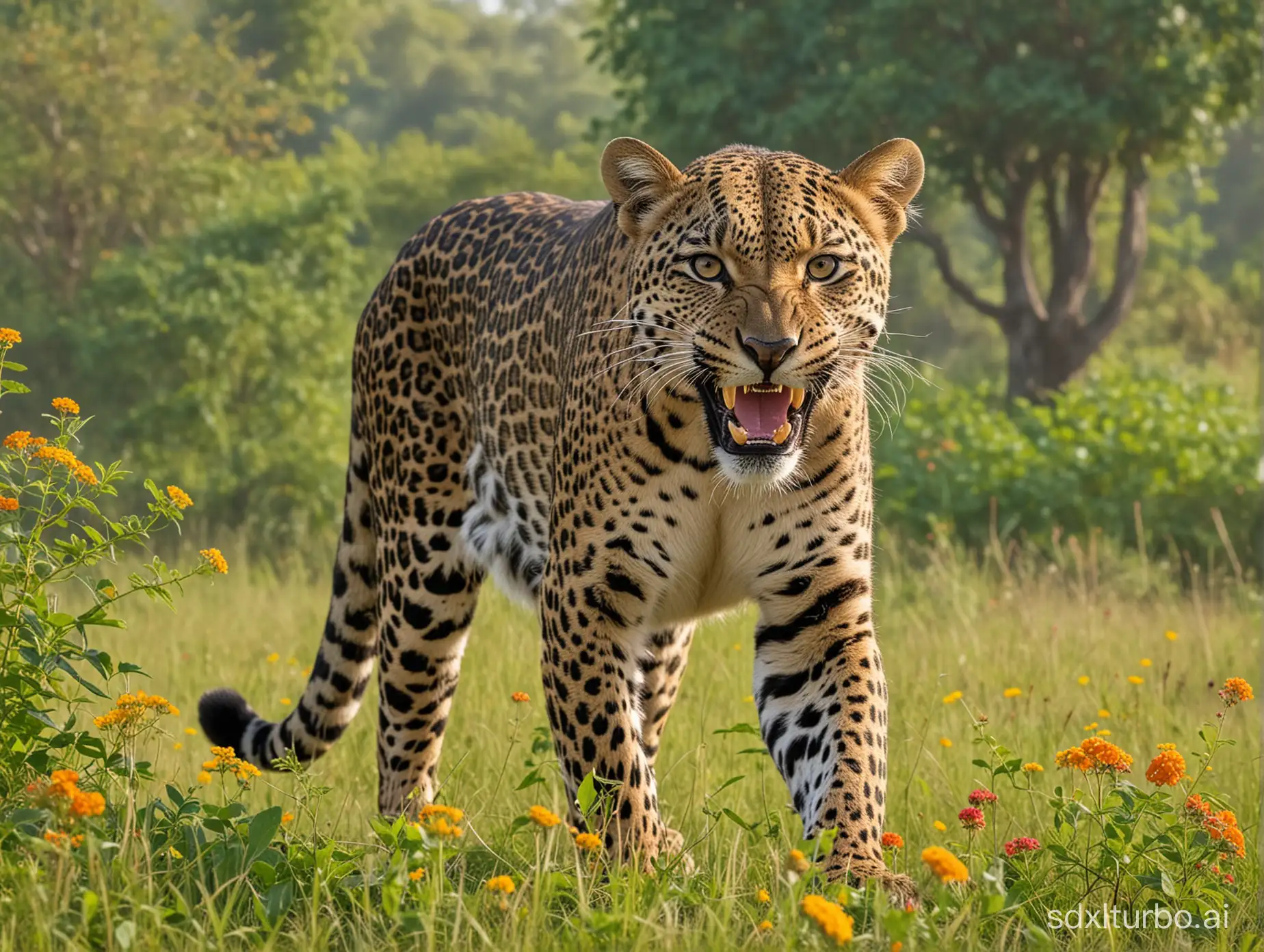 Indian-Leopard-Snarling-in-Vibrant-Grassland-Landscape