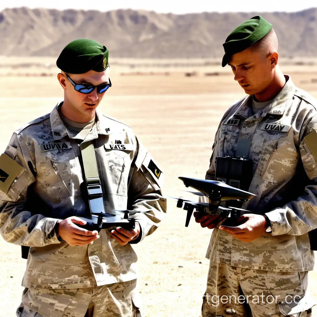 солдаты смотрят на БПЛА с пультом в руках