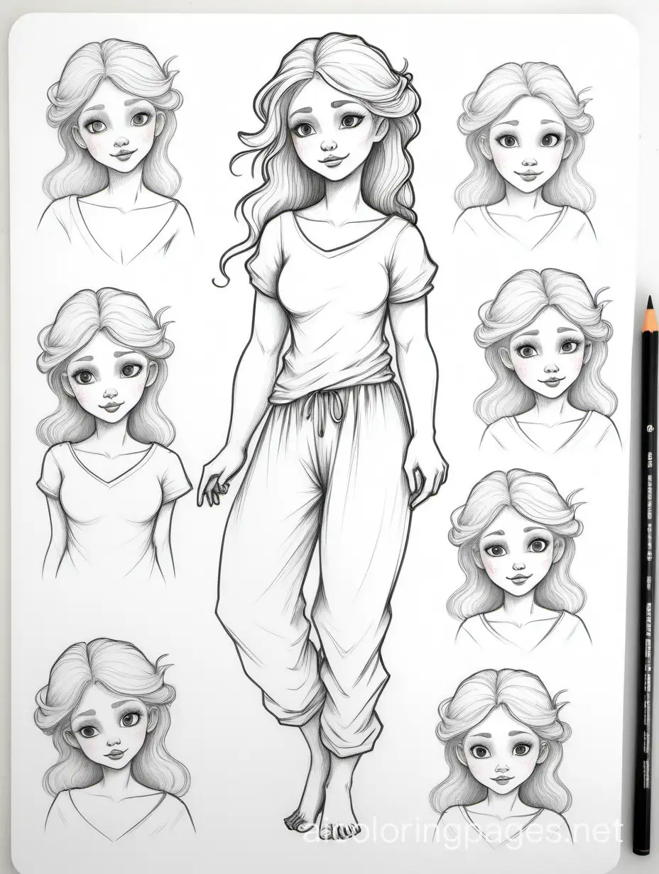 SOFT LIGHT HEART AND LINED PAPER, SKETCH, SKETCHY PENCIL DRAWINGS, WATERCOLOR, CHARACTER STUDY, HAIR UP AND DOWN, MULTIPLE POSES, FULL BODY, HALF BODY, QUARTER BODY, ARMS IN POSES, sea HAG, ANNOTATIONS, Coloring Page, black and white, line art, white background, Simplicity, Ample White Space. The background of the coloring page is plain white to make it easy for young children to color within the lines. The outlines of all the subjects are easy to distinguish, making it simple for kids to color without too much difficulty