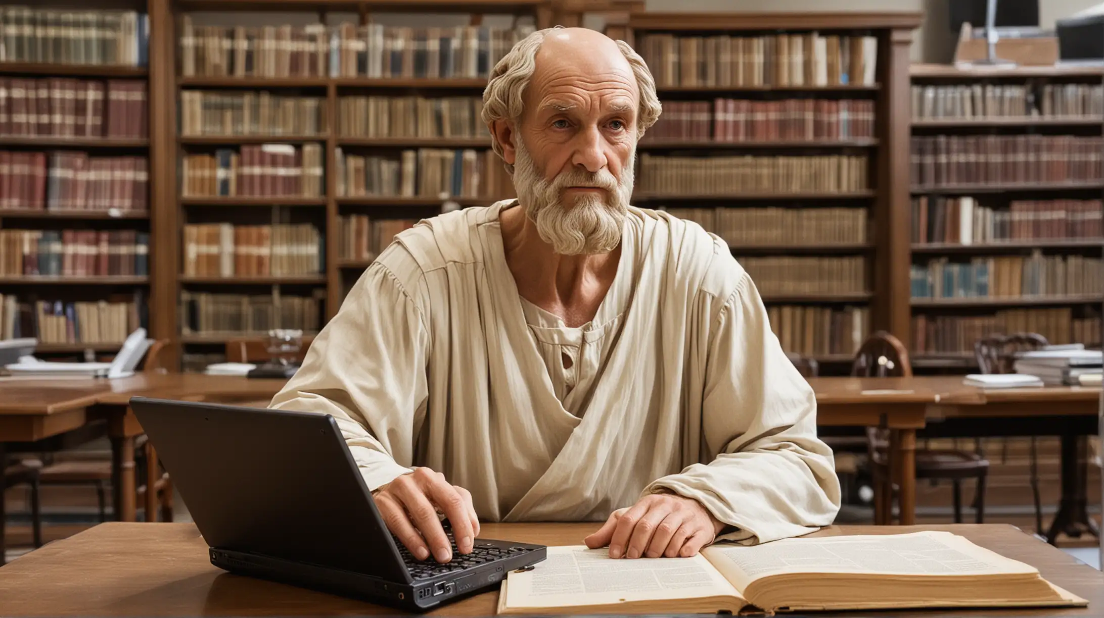 Hippocrates Studying with Computer in University Library