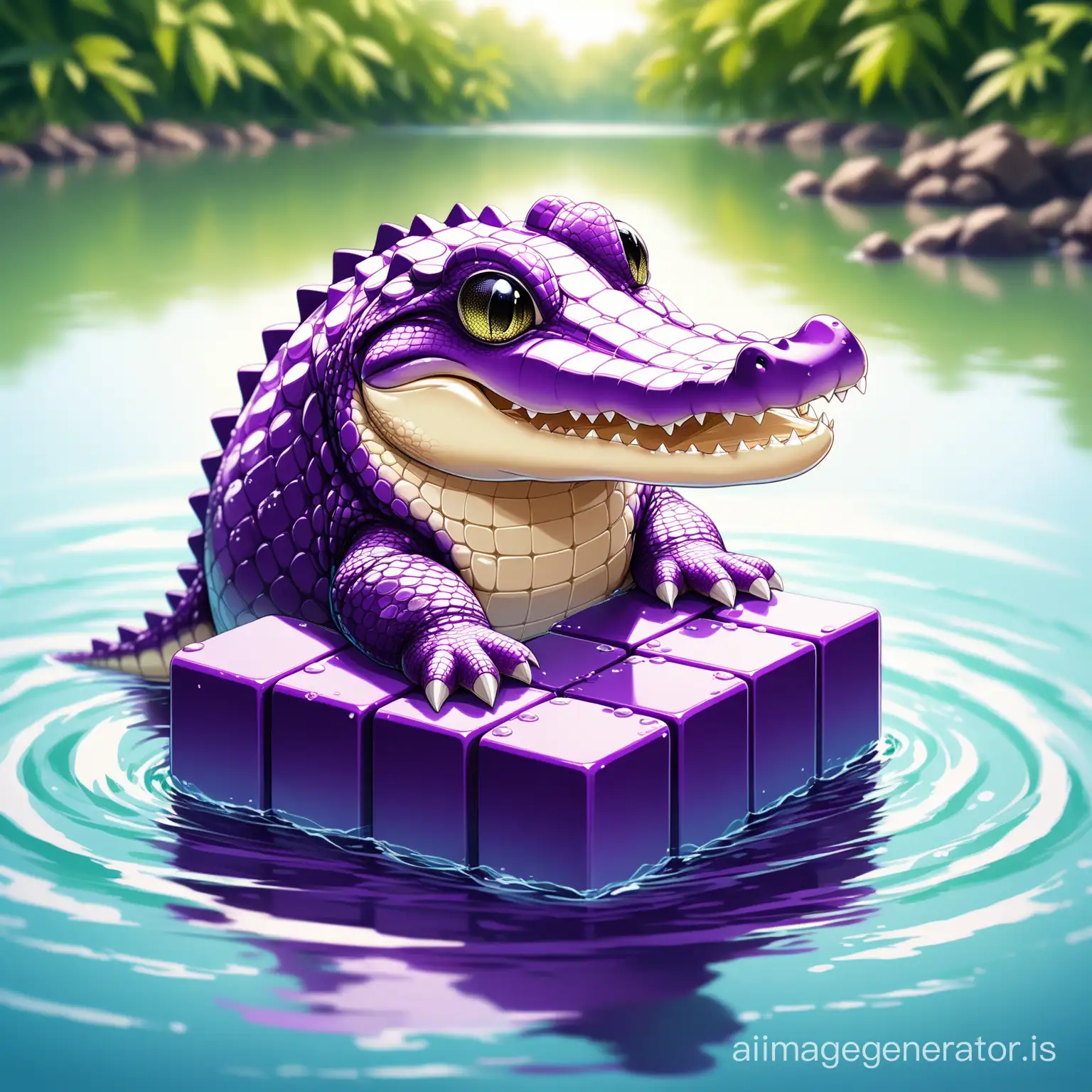 A little cute baby crocodile in the river and have purple block in his hands ( super detail and High Quality ) and  blocks are seen everywhere on water beautifully and with great precision
