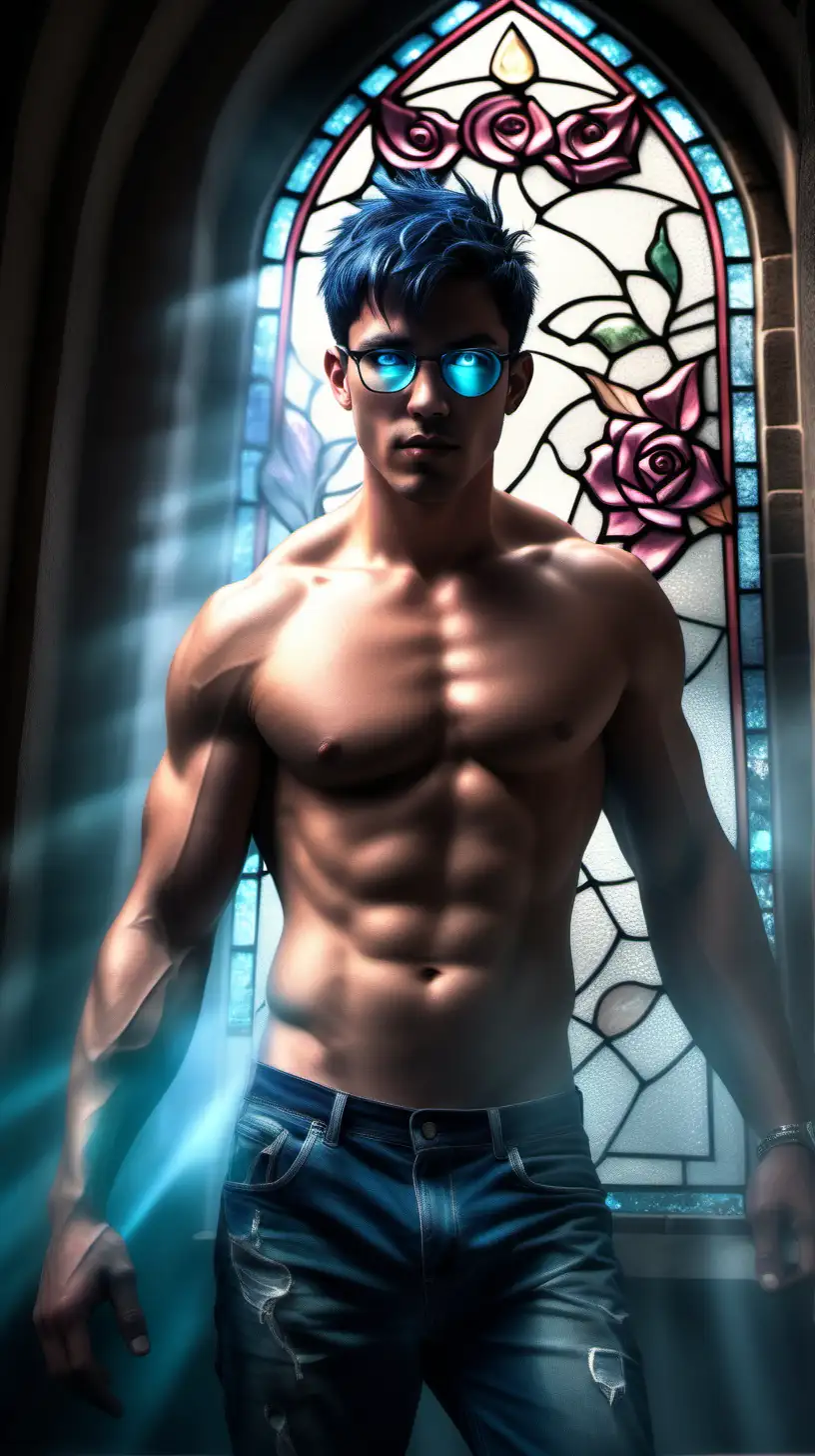 A handsome shirtless college hunk with glowing aquamarine eyes glasses looking at the camera gently. He has short navy blue hair and 5 o'clock shadow His torn open pink shirt flowing in the air. The circular energy crystal embedded in the middle of his chiseled chest generates a soft aquamarine aura as he descend to the floor. Sun light shines through the rose stained glass of the small chapel, makeing the hero looking like a divine messenger intricate details, HDR, beautifully shot, hyperrealistic, sharp focus, 64 megapixels, perfect composition, high contrast, cinematic, atmospheric, moody Hyperrealistic, splash art, concept art, mid shot, intricately detailed, color depth, dramatic, 2/3 face angle, side light, colorful background Epic cinematic brilliant stunning intricate meticulously detailed dramatic atmospheric maximalist digital matte painting"