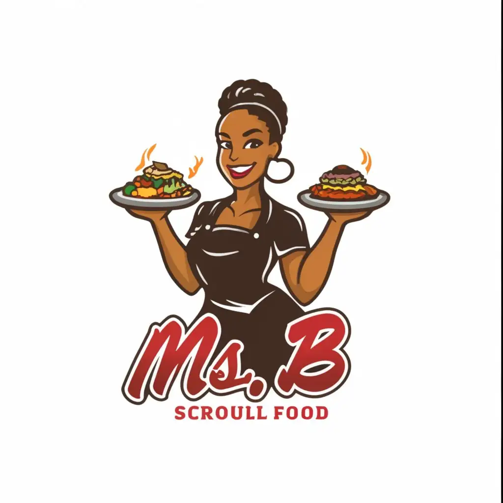 a logo design,with the text "Ms.B's Yummies", main symbol:black cartoon lady with curly ponytail holding soulfood plates,Moderate,be used in Restaurant industry,clear background