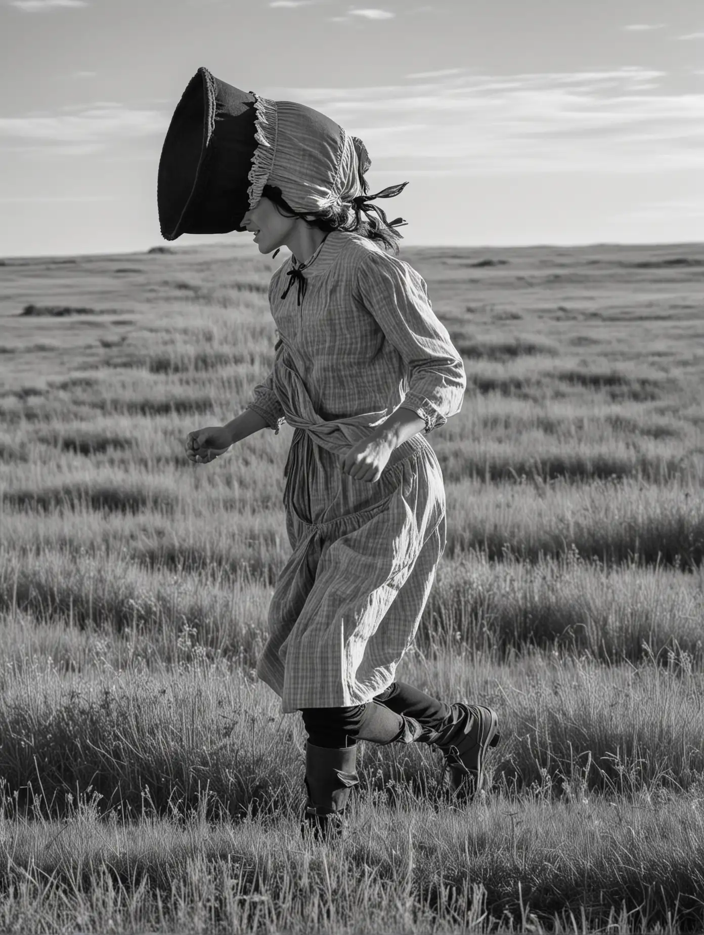 A woman runs through the prairie. She is a pioneer and wears a bonnet. Seen from the side. there are buffalo in the background. In black and white. 