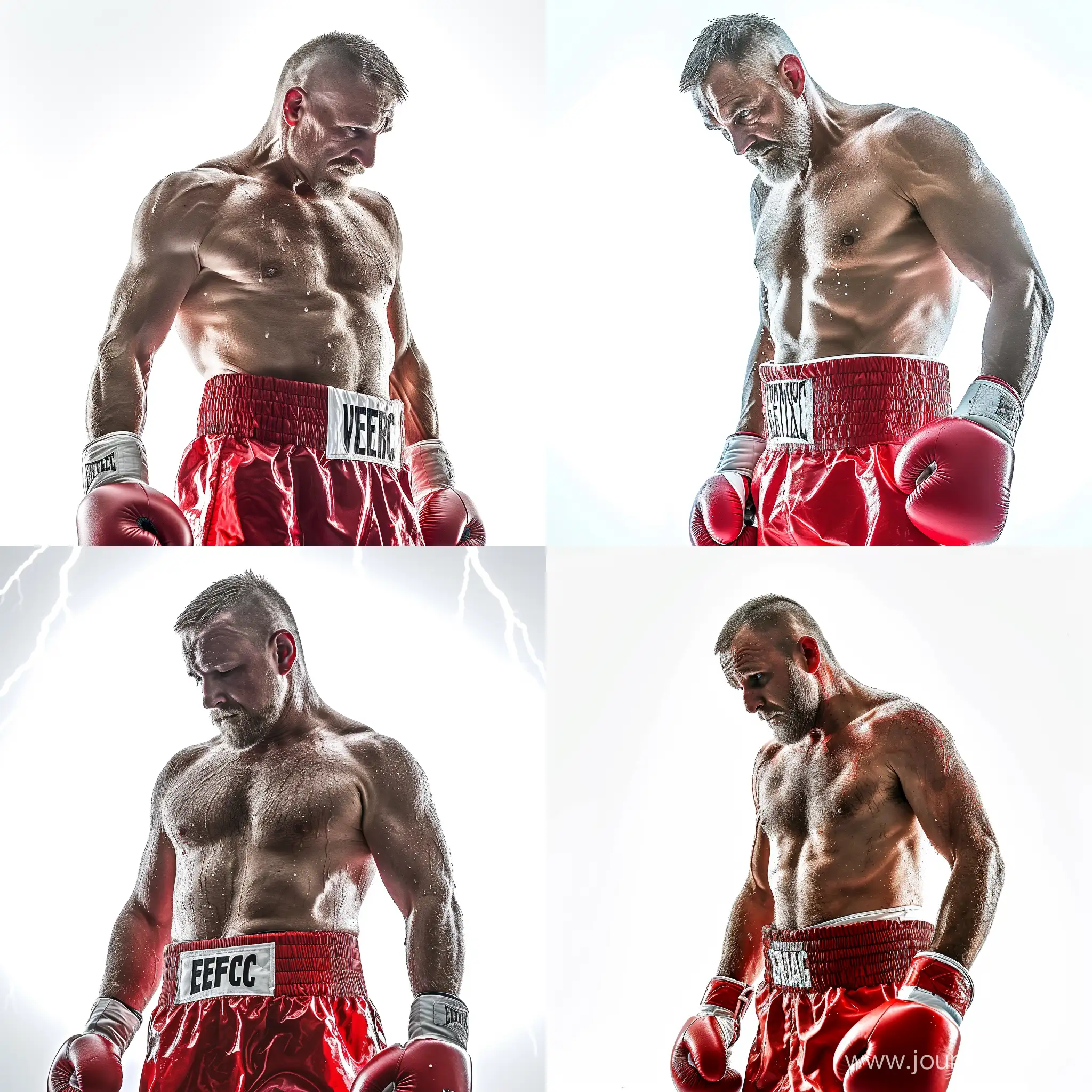 studio photo, bright natural lightning, solid white background, one man age 50 years old with short haircut on head, boxer, dad body, hairy chest, fat, looking front, arms down, body turned straight, sweaty body, wet body, white race, white skin, black medium beard, everlast, red boxing shorts, red boxing gloves