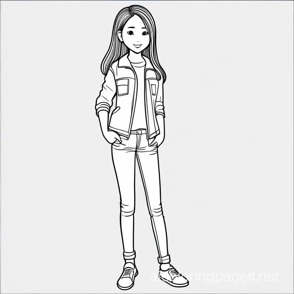 A thin chinese teenage girl wearing flats and jeans without background , Coloring Page, black and white, line art, white background, Simplicity, Ample White Space. The background of the coloring page is plain white to make it easy for young children to color within the lines. The outlines of all the subjects are easy to distinguish, making it simple for kids to color without too much difficulty