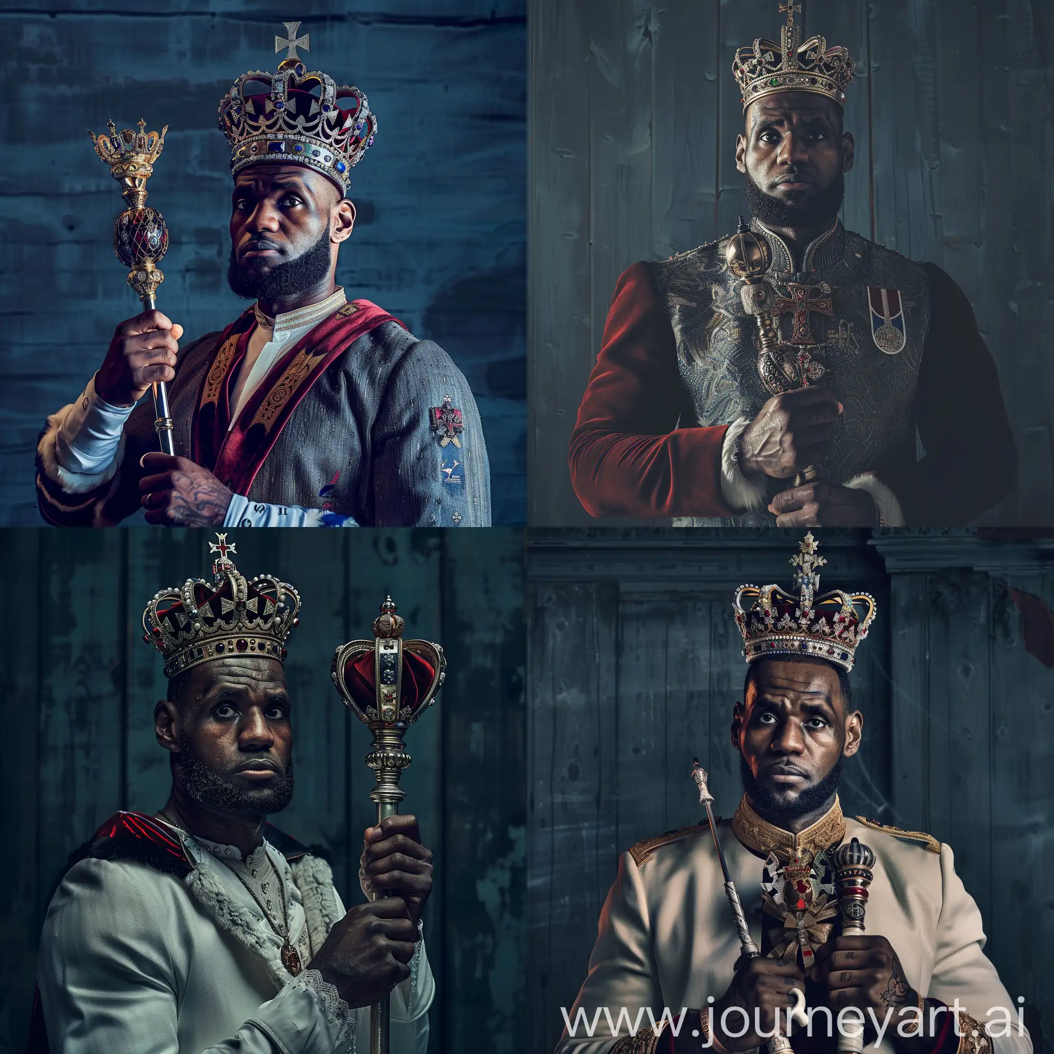 Lebron James is wearing a British crown and holding a scepter. Behind him is a dark blue wall. Portrait mode --v 6 --ar 1:1 --no 69945