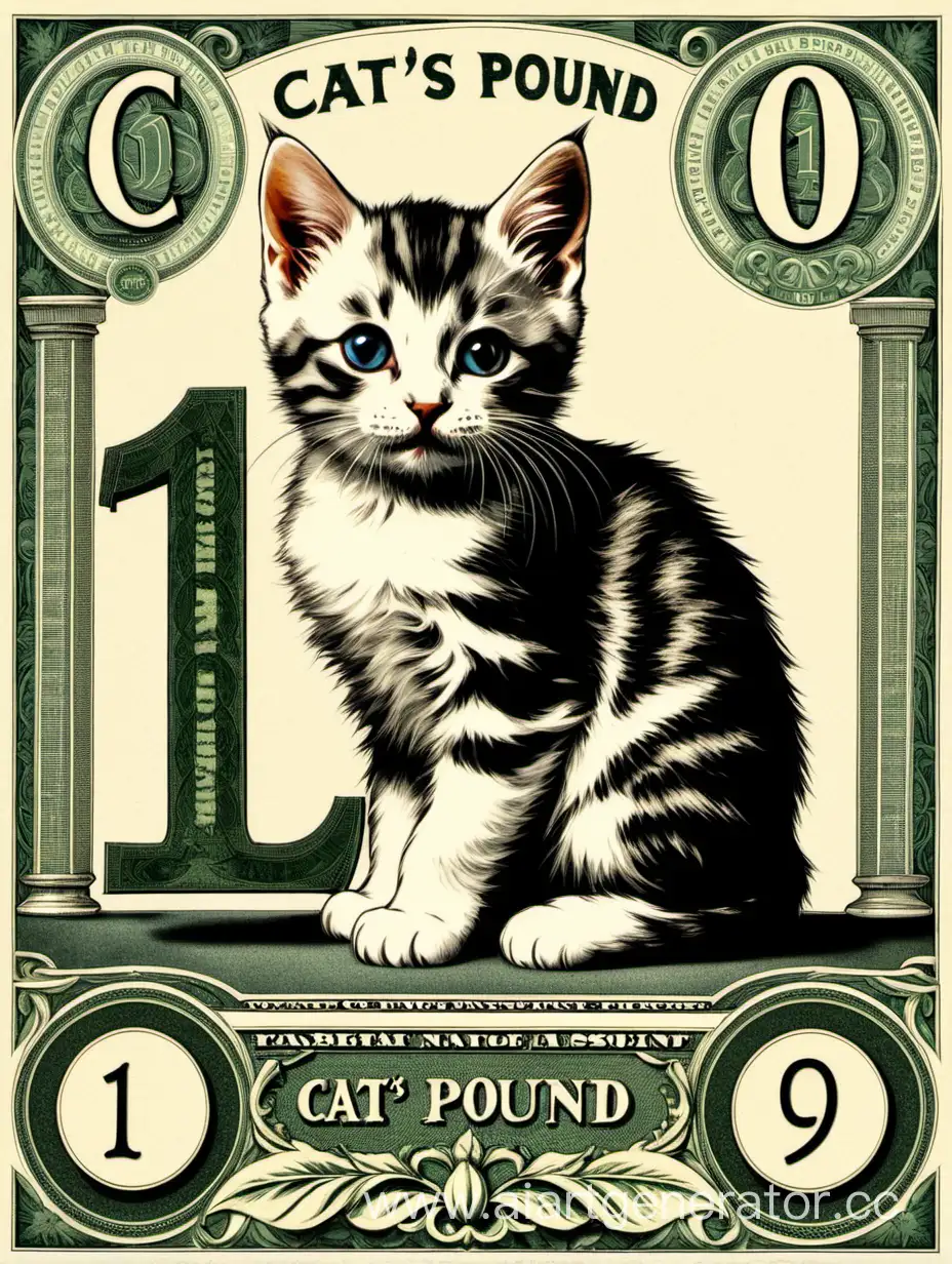 картинка в стиле денежной банкноты с котиком и цифрой 1 и  надписью cat's pound