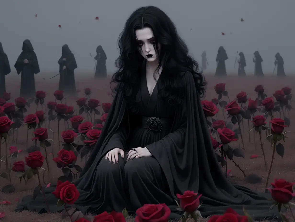 Black haired woman in black robes. goth, female, pale skin, long curly black hair, jedi, black makeup, streaking mascara, black jedi robes, black roses in her hair, saddened, standing in a foggy field of black roses, fantasy, Anime. Grey eyes. sitting down on her knees, crying, roses dying and decaying around her