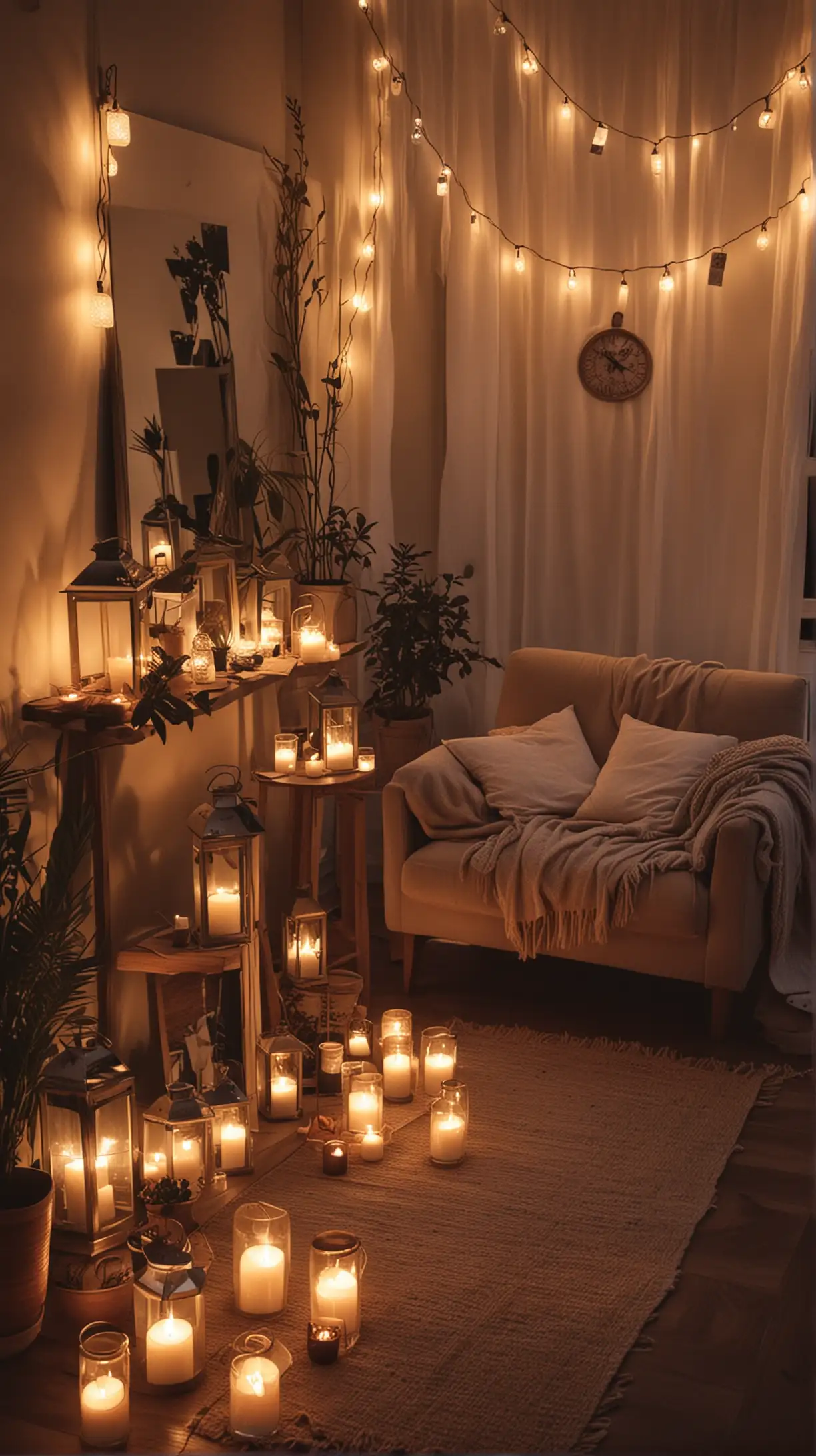 Cozy Living Room with Candlelit Ambiance at Dusk