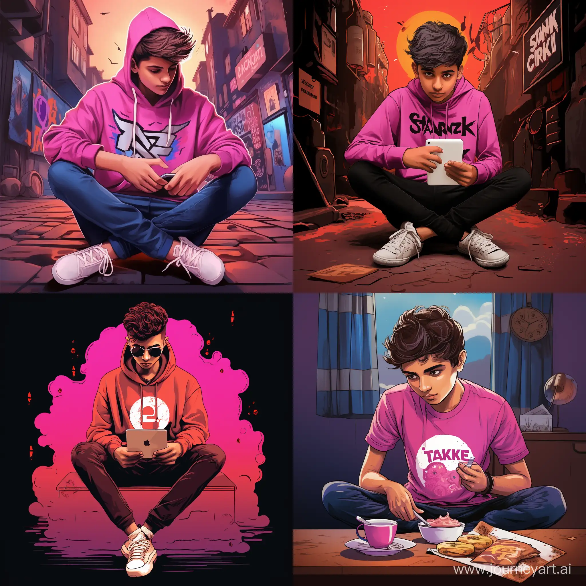 Teenager-Boy-Sitting-on-Instagram-Logo-in-Pink-Sanket-TShirt
