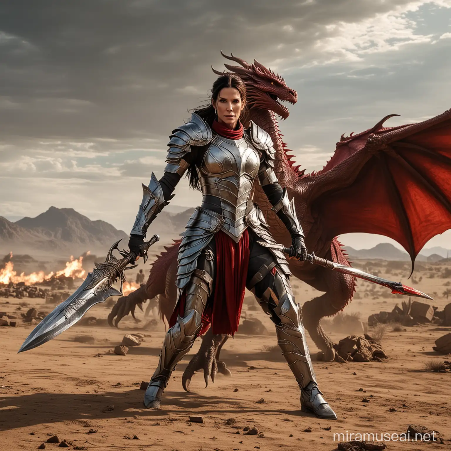 Sandra Bullock in Plate Armor Confronts Red Dragon on Battlefield