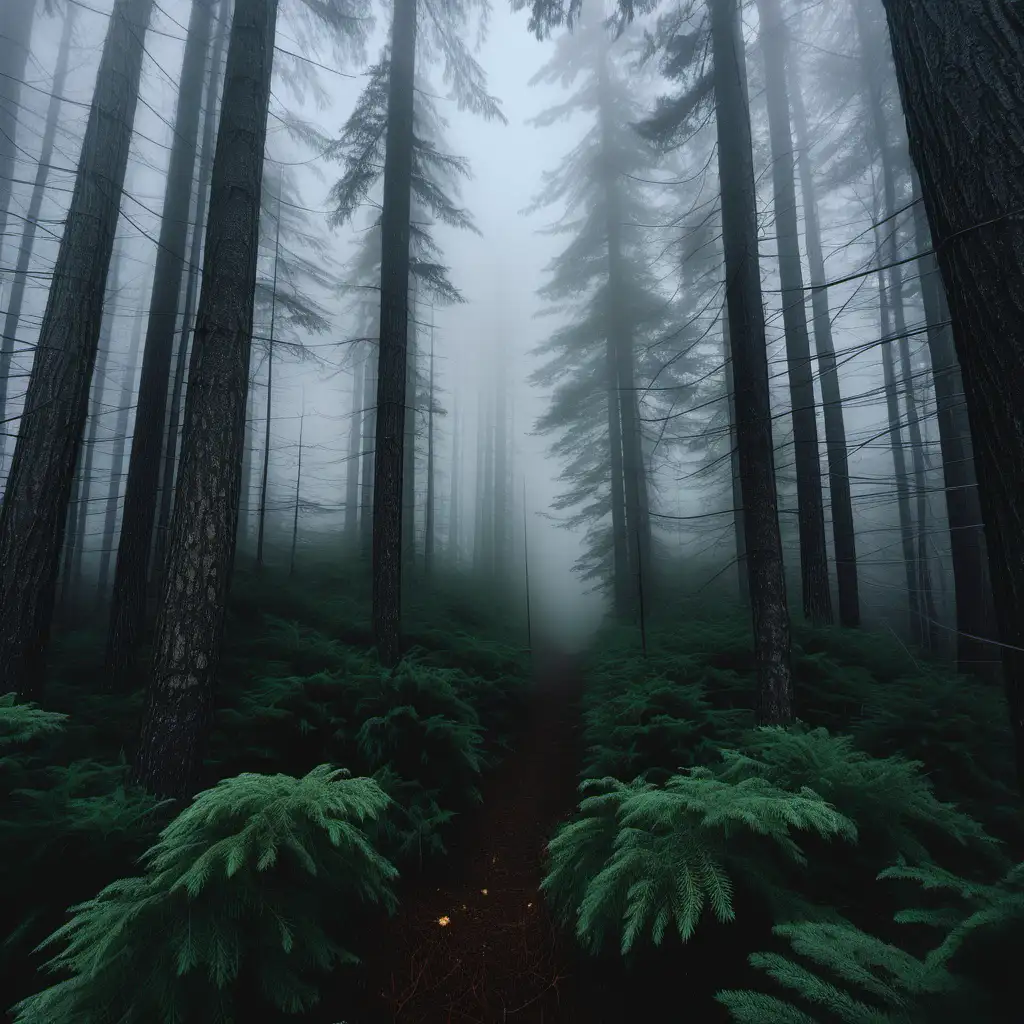 Mystical Evergreen Forest in Dense Fog