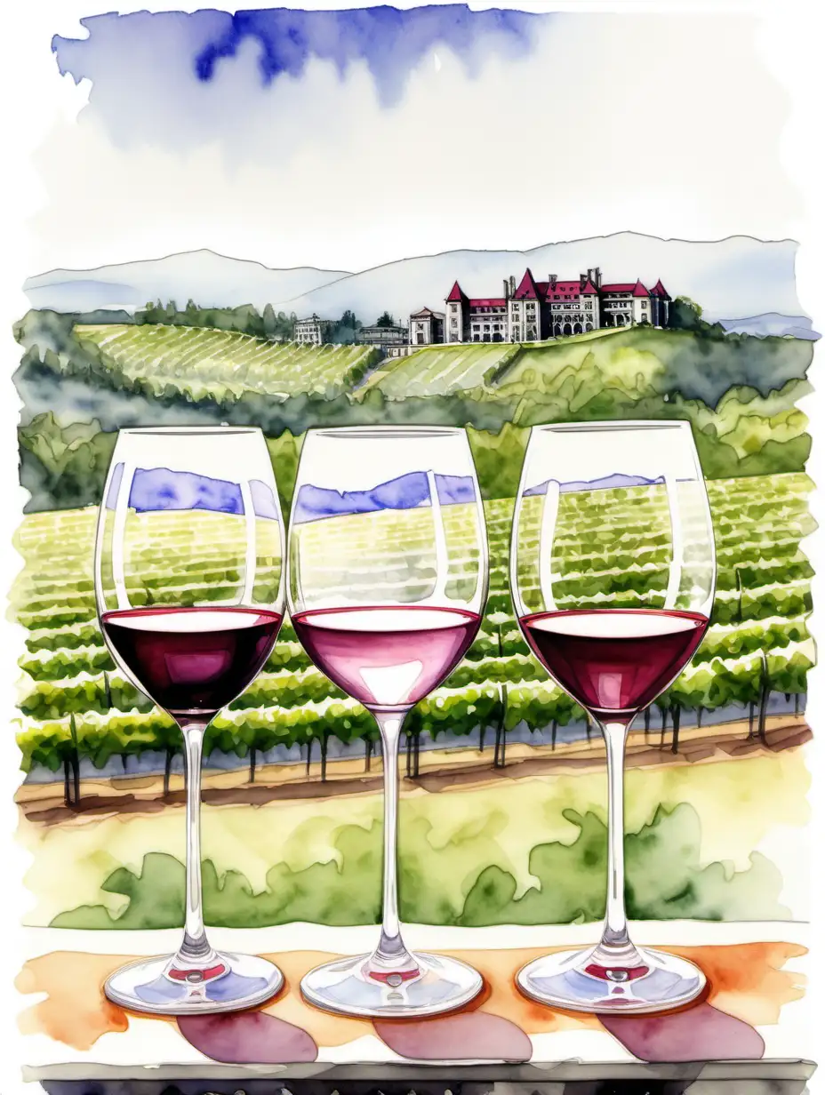 Watercolor sketch of 5 wine glasses and background of vineyards in Ashville, NC with Biltmore Estate FAR in distance in the background all isolated,contained within simple border. No cropping allowed. 
