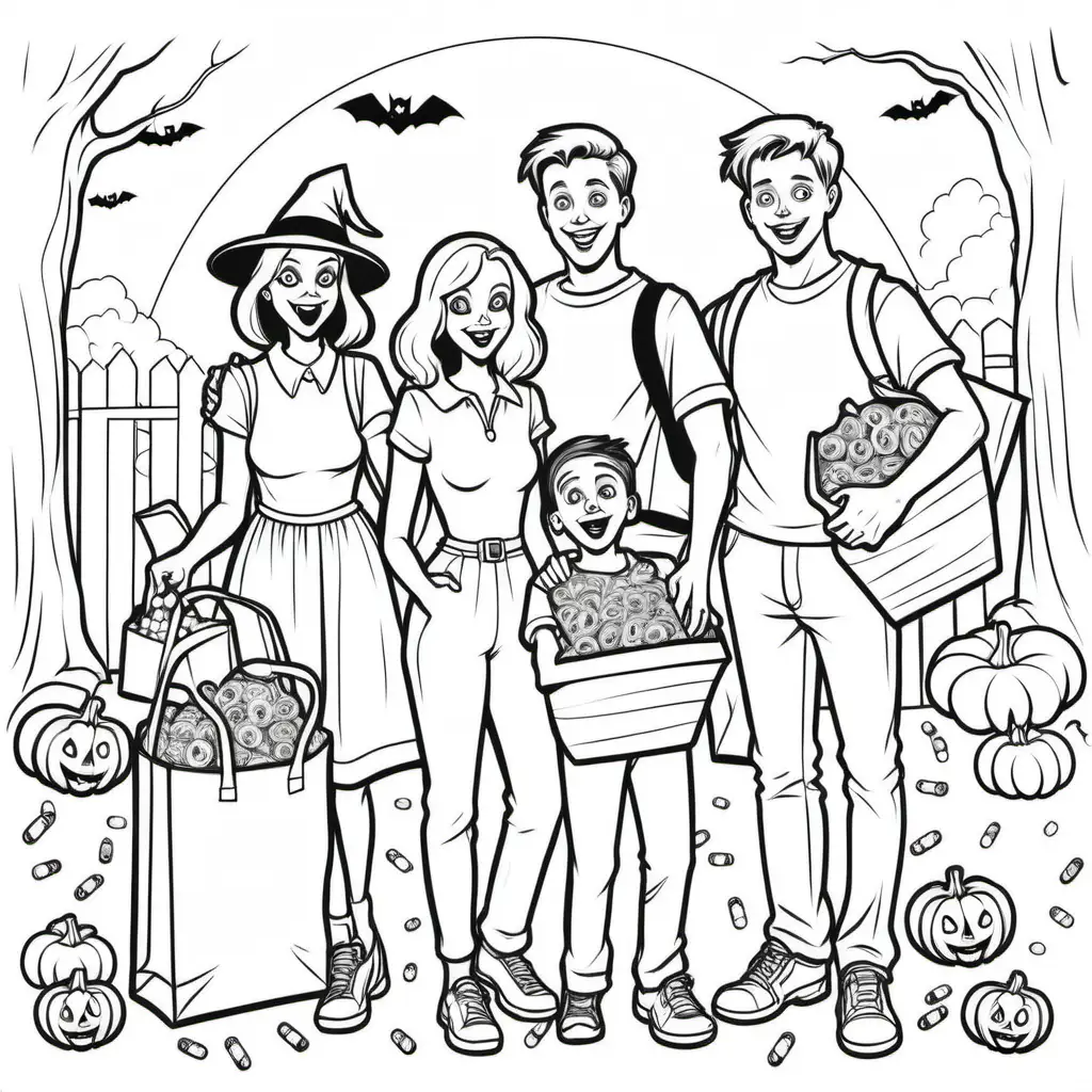 Young Women and Men with Full Bags of Halloween Candy Coloring Page