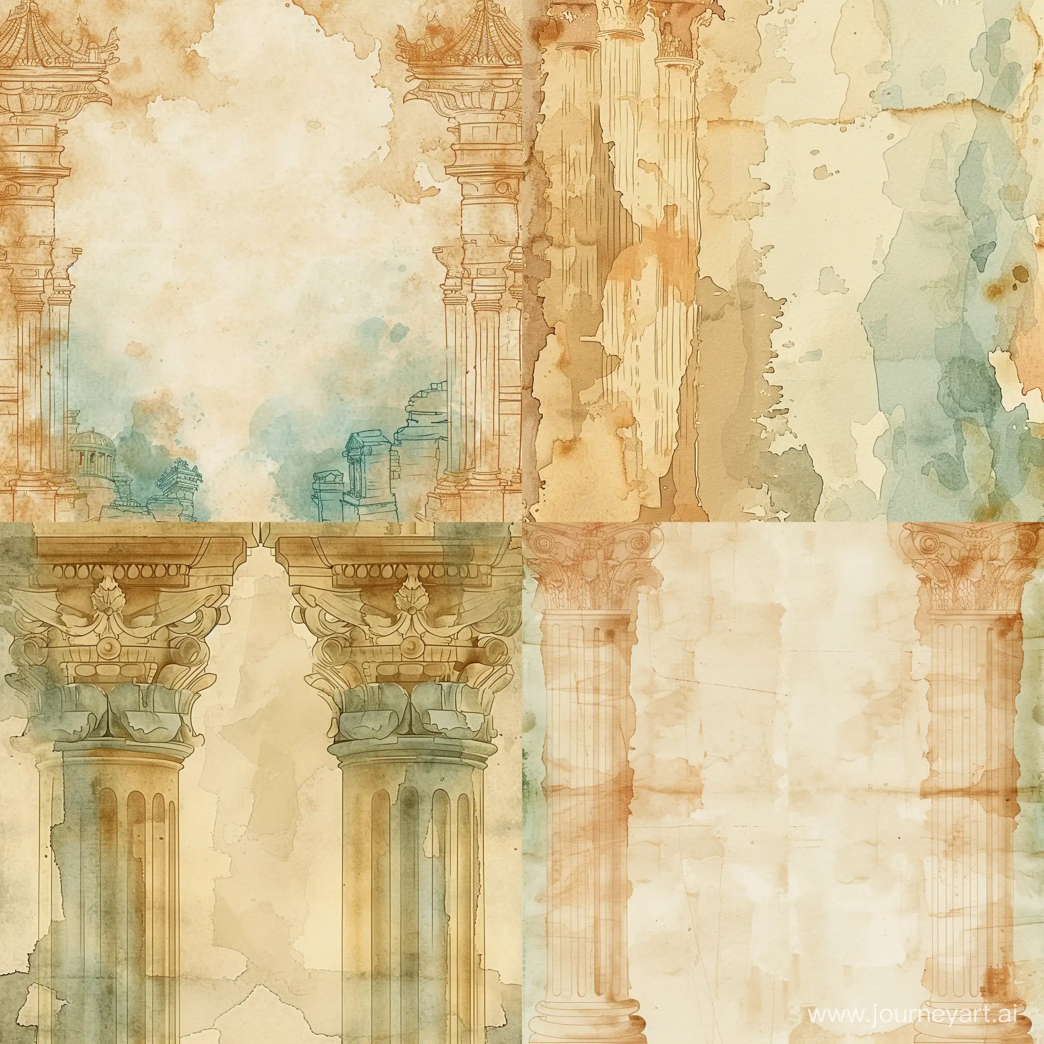 Symmetrical texture of antique paper, barely noticeable elements of ancient, Roman, Greek, ancient cities, stylized caricature, watercolor, detail, beige, jet, light green, brown outline, decorative, flat drawing
