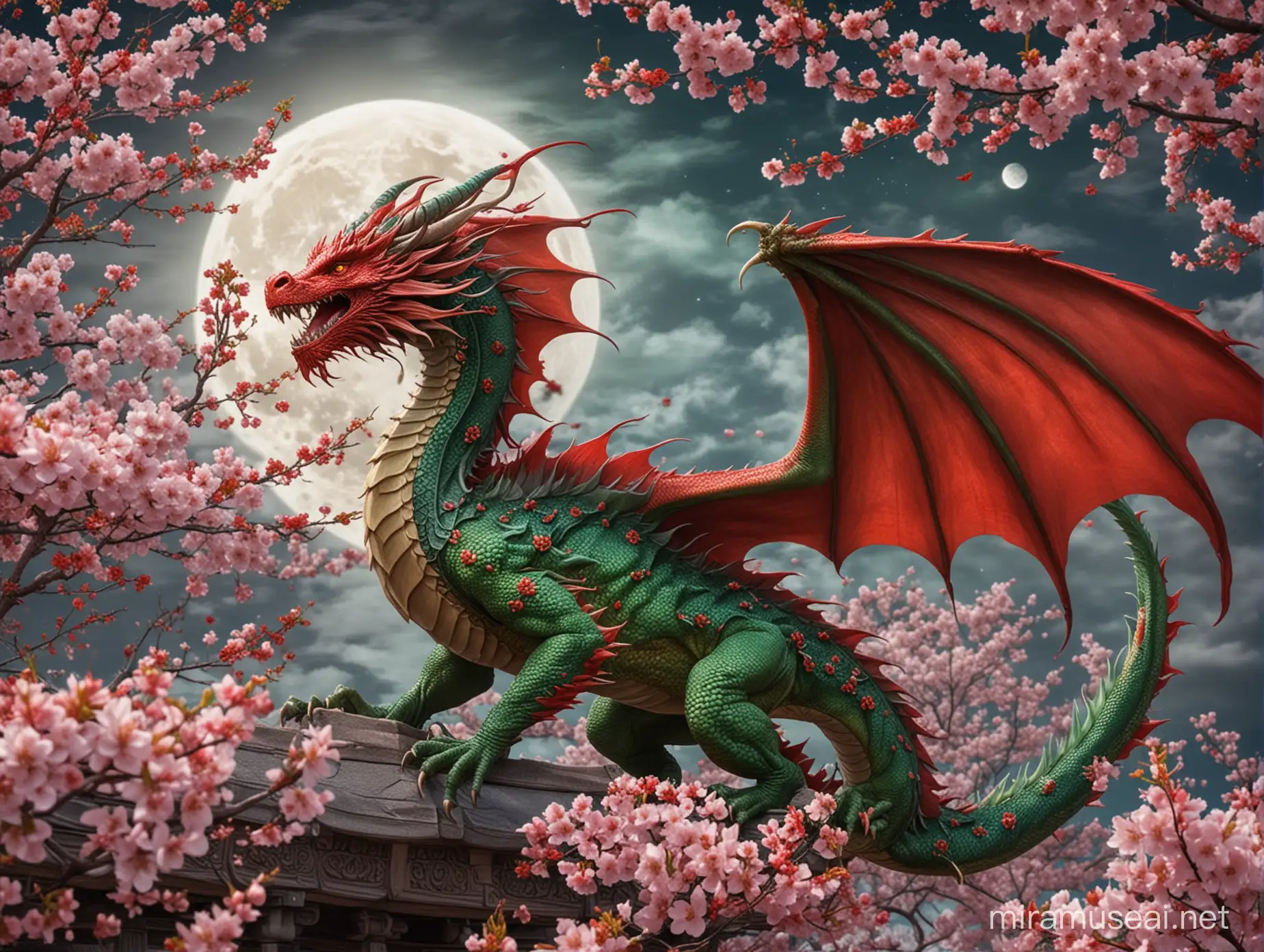 beautiful red and green dragon coming out of blossoms with the moon in the background