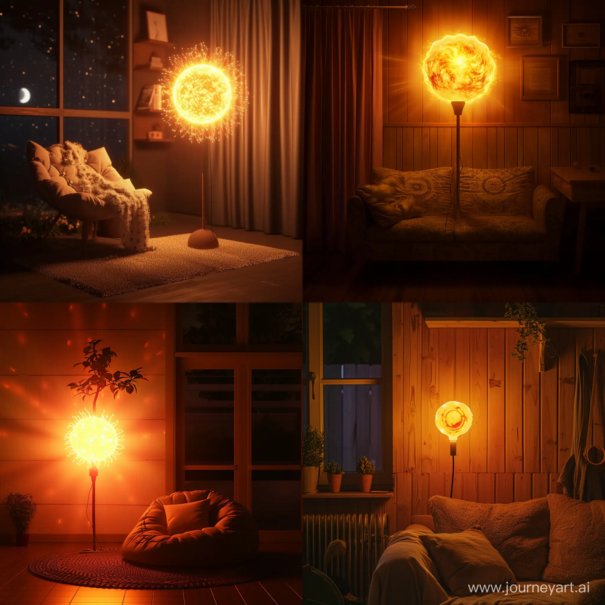 realistic, a cozy room lit up by a lamp which has a bulb that looks like the sun