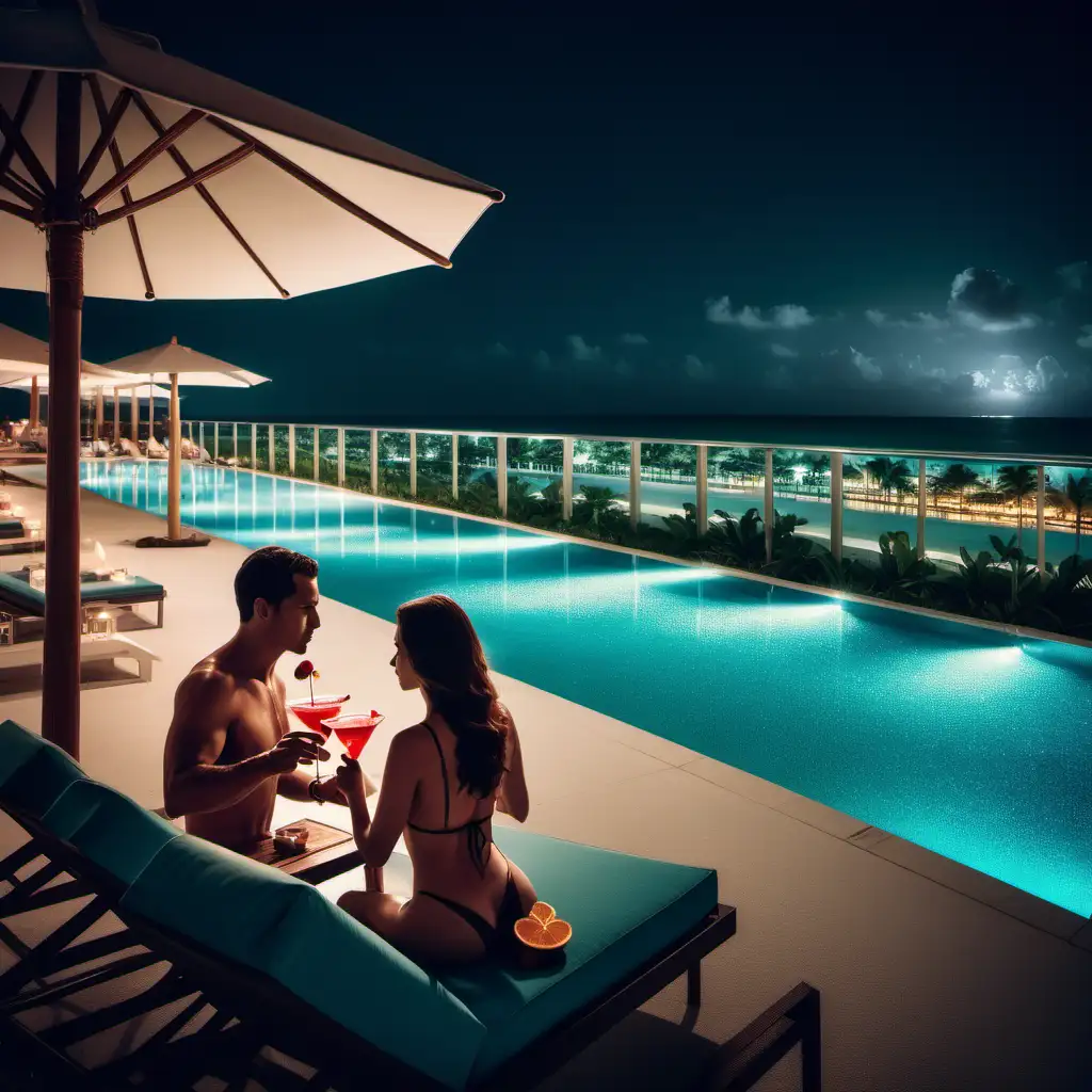 A beautiful nighttime scene of the beach, with the outside swimming pool of  a top class luxury hotel in miami, a man and woman are drinking cocktails together 