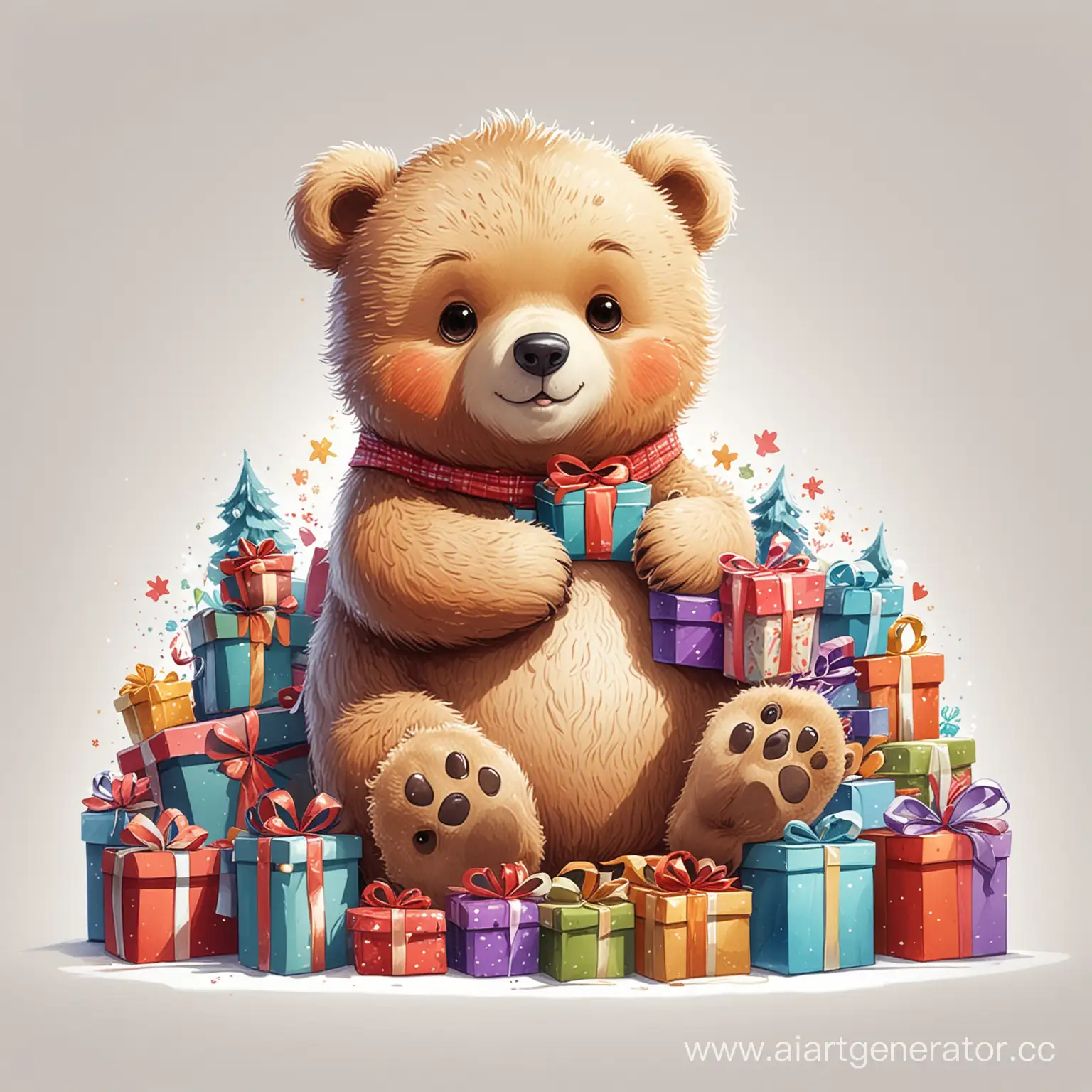 Adorable-Cartoon-Bear-Surrounded-by-a-Pile-of-Gifts-on-White-Background
