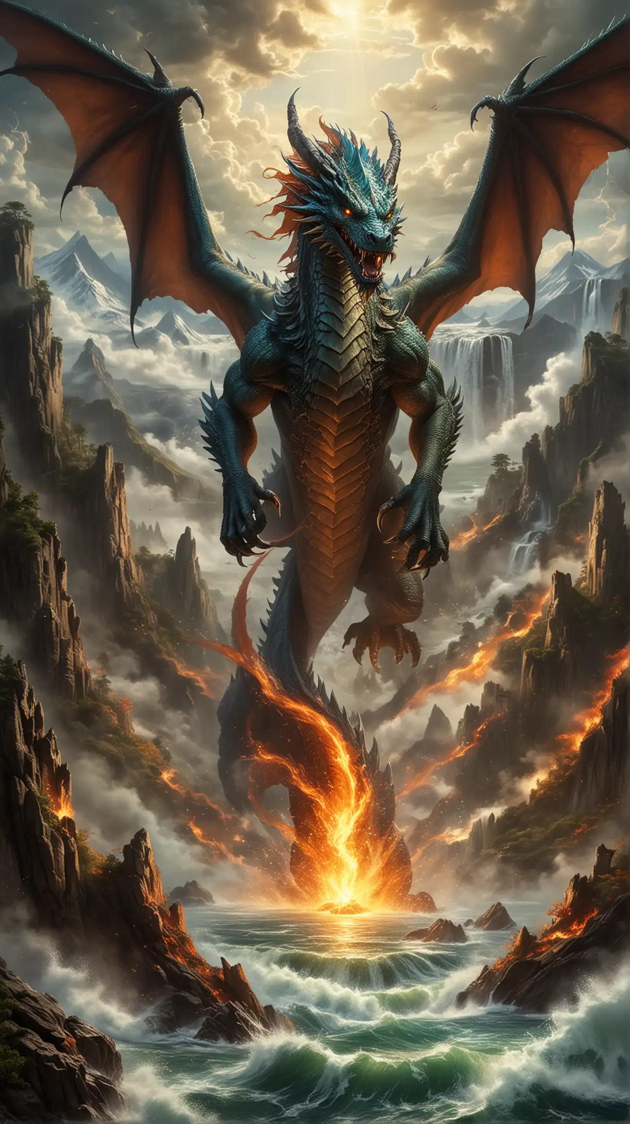 Create an ultra-epic image of a mystical legendary dragon monster, imbued with the power of all four elements - air, fire, water, and earth. This awe-inspiring dragon should embody the grandeur of ancient mythology, with scales reminiscent of shimmering jewels and eyes that glow with the wisdom of ages past. Picture the dragon towering over a landscape of majestic mountains, surrounded by swirling winds, cascading waterfalls, erupting volcanoes, and fertile forests. Its mighty wings spread wide, carrying the essence of air as it conjures flames that dance with the intensity of a raging inferno, while waves crash against its colossal form and the earth trembles beneath its feet. This image should capture the dragon harnessing the combined might of all four elements, creating a breathtaking spectacle that leaves viewers in awe of its legendary power. and has details of avatar the last bender arrow on its head 