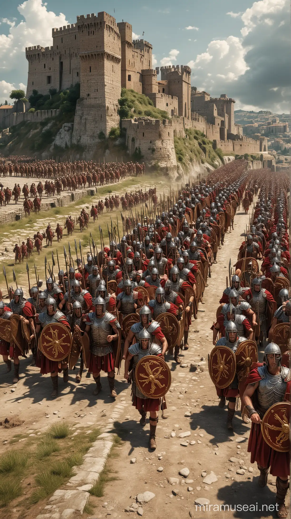 Roman legions marching in formation towards the fortified city of Alesia. hyper realistic