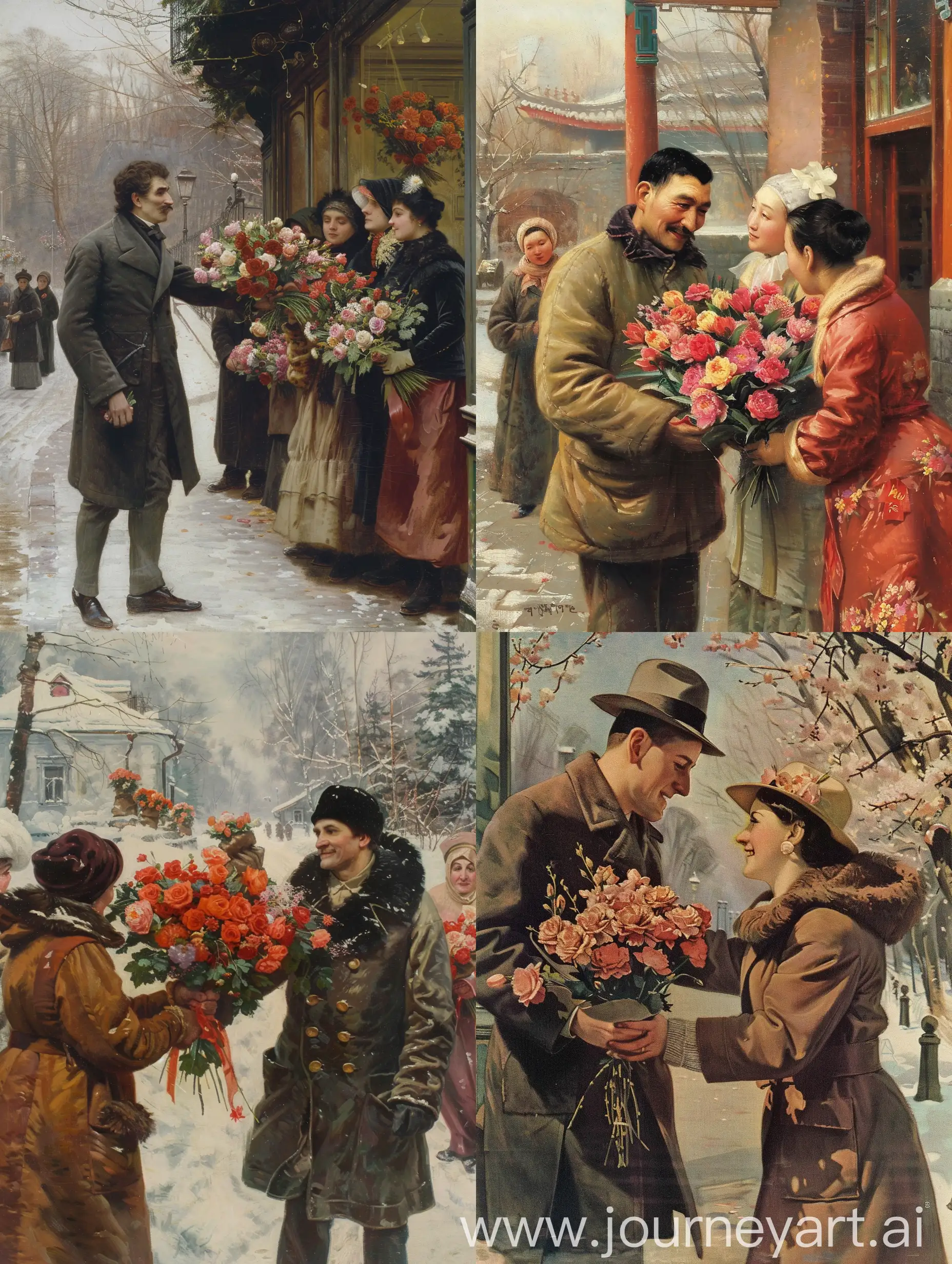 March-8-Celebration-Man-Presenting-Flowers-to-Women
