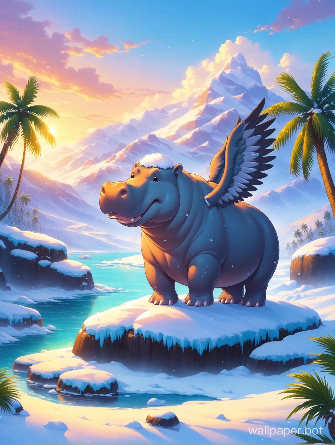 Flying-Hippopotamus-Among-SnowCovered-Rocks-and-Coconut-Palms