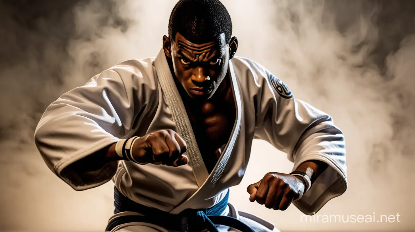a black skin color Jiu jitsu fighter ready to attack. background with fog plus lighting. Do It in a "Naruto Anime style" 