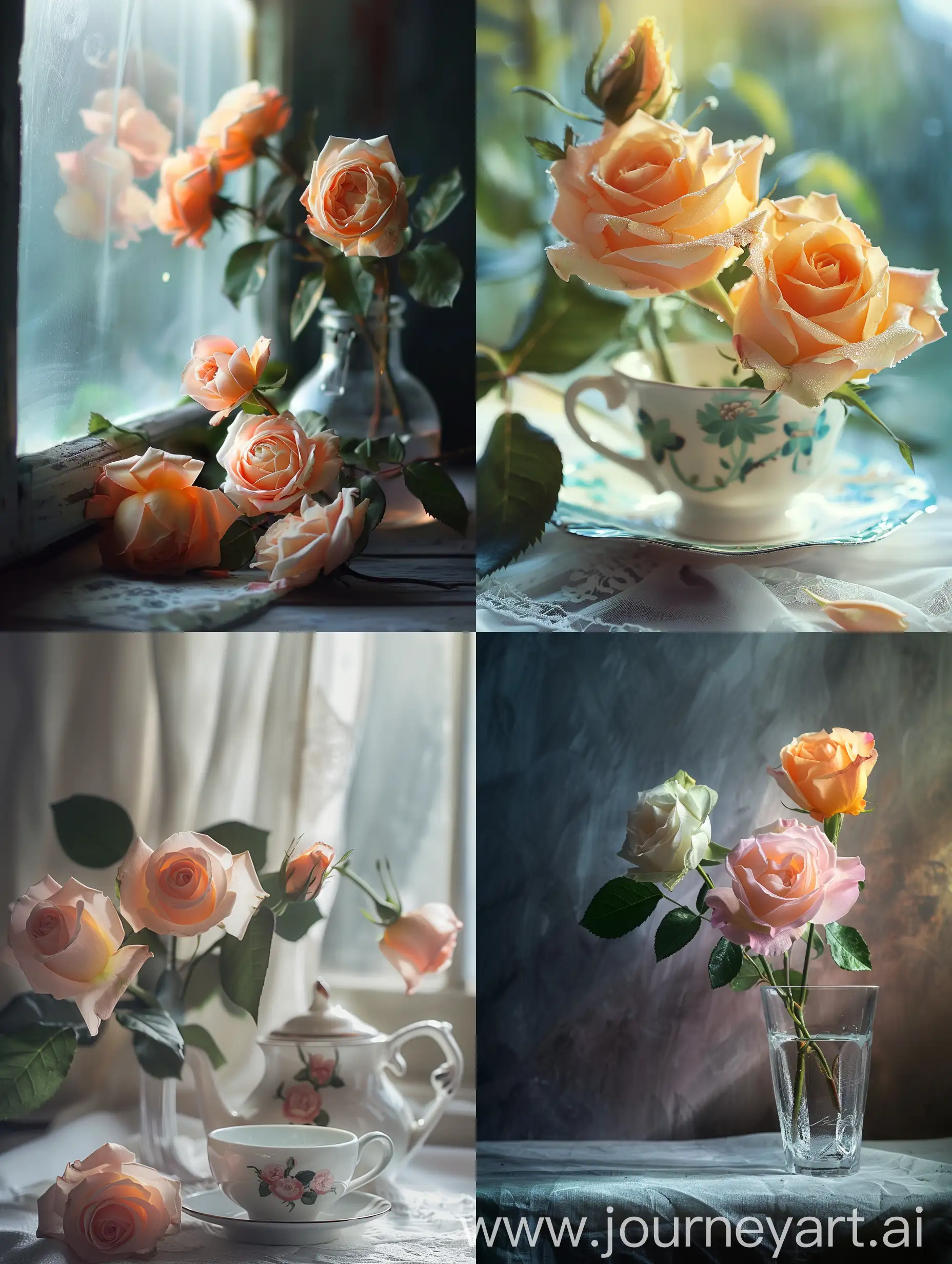 photo, gentle calm still life with light tea roses, beautiful lighting, studio light, high quality, 4k