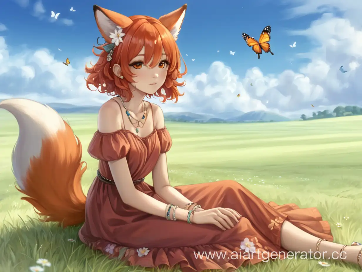 Flower-Field-Fox-Girl-Red-Dress-and-Butterfly-Bracelet-in-Cloudy-Sky