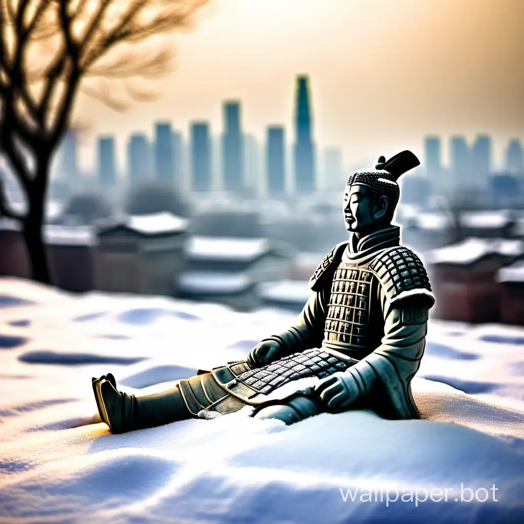 One terracotta warrior lies in the snowy field, with the city in the background blurred. The morning sun has just risen.