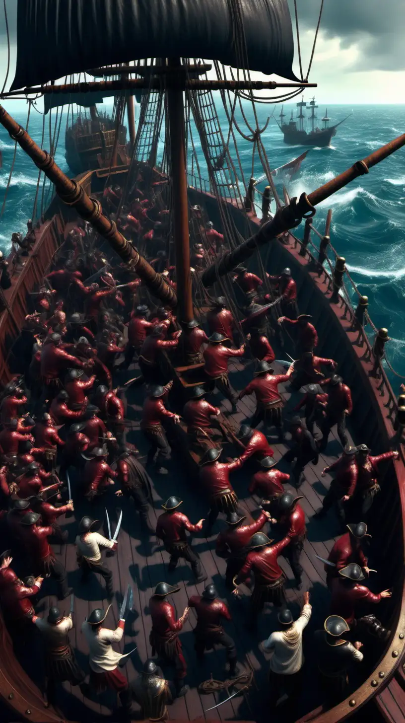 Create an vivid realistic image of a large crowd of pirates fight on a ship deck against sailors. the corasirs fighting with swords and knives. Ilustrate blood on deck. Showcase the chaos and excitement of high-seas piracy in this dynamic scene.. 4k ultra realistic