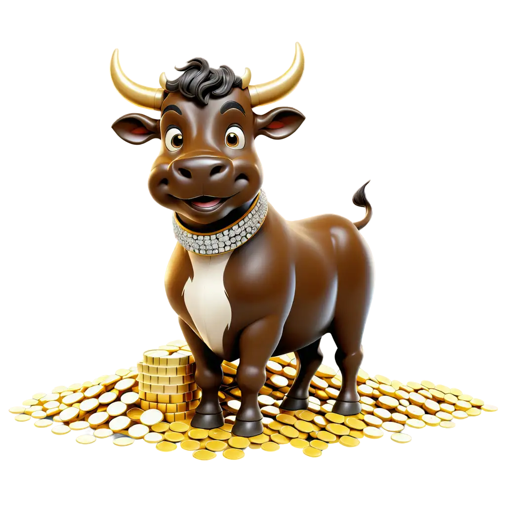 a happy cartoon bull with a lot of gold, diamonds and cash

