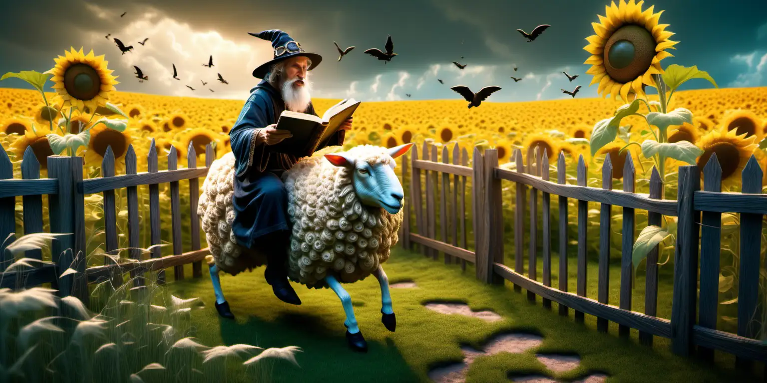 
a sorcerer riding a sheep while casting spells out of his book in a tall grass fairytale land. sunflowers are on the fence line