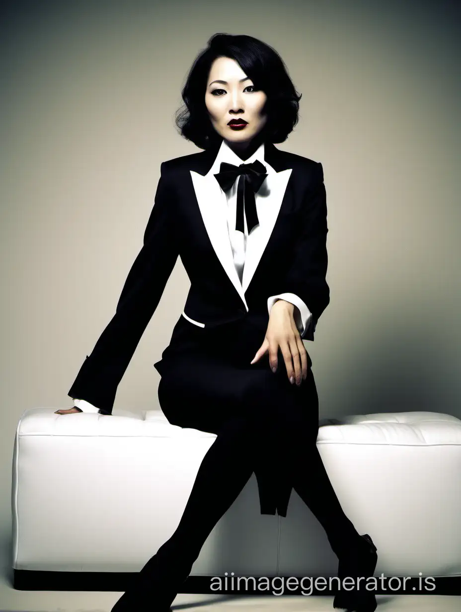 A beautiful  and stern asian woman with shoulder length black hair, and lipstick, mid-twenties of age, is sitting on a couch in a dark room.  She is wearing a tuxedo with an open black jacket and black pants.  Her shirt is white with double french cuffs and a wing collar.  Her bowtie is black.   Her cufflinks are large and black.  She is wearing shiny black high heels. 