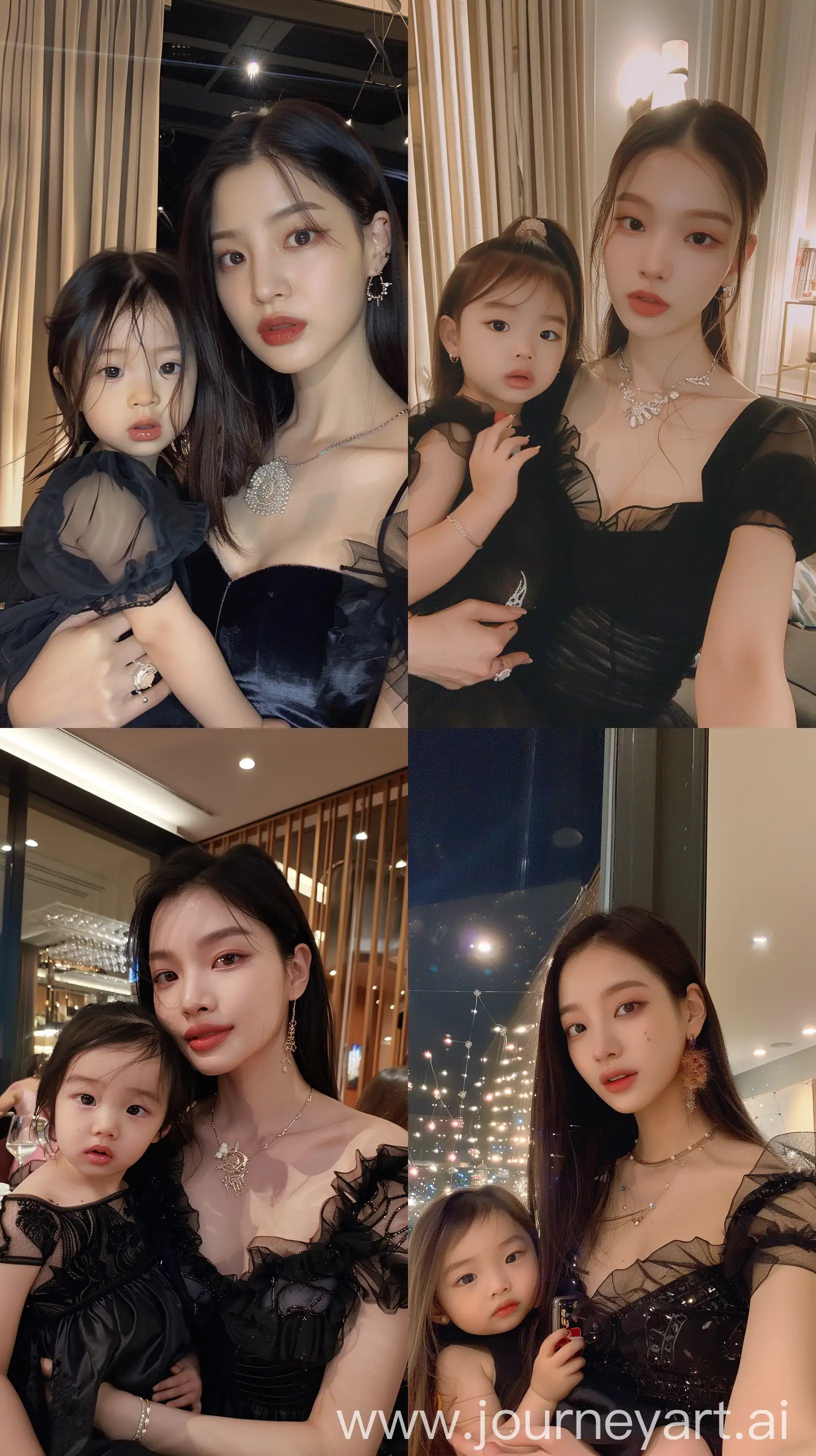blackpink's jennie,holding 2 years old girl, facial feature look a like blackpink's jennie, aestethic selfie, night times, aestethic make up, weaeing black elegant dress --ar 9:16