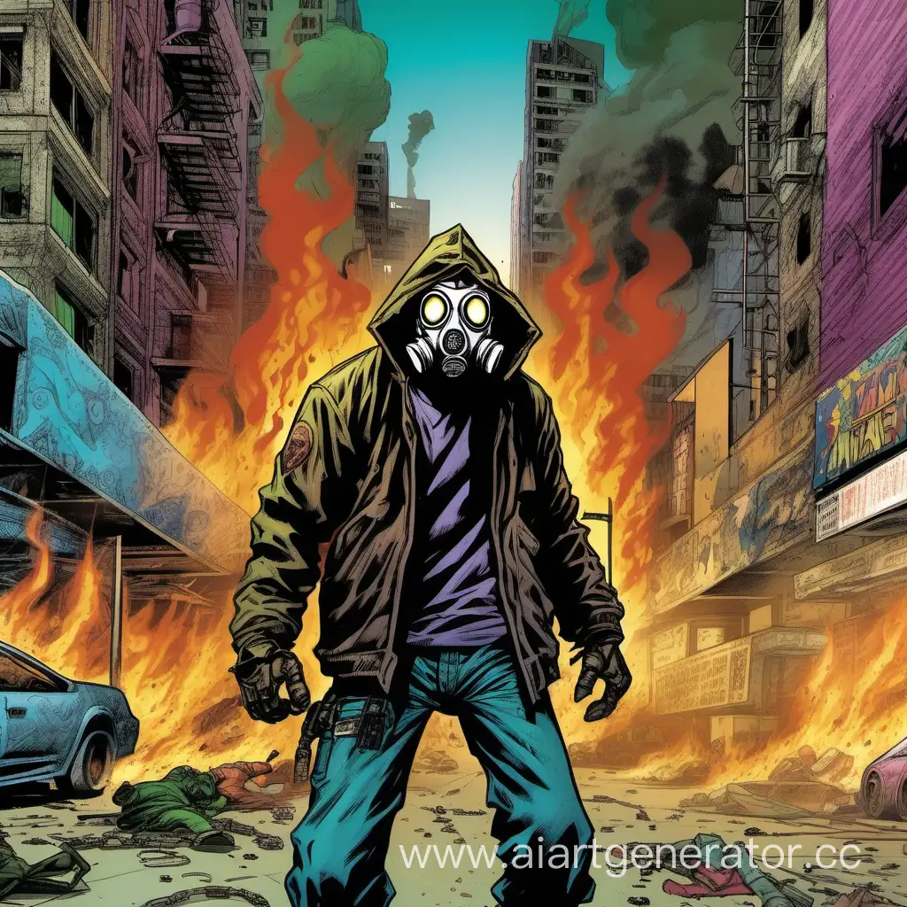 90s comics art, attack move, full height figure, cyberpunk city street, pyromaniac, burning man, gas mask, smoke, violent crazy, aggressive, colored