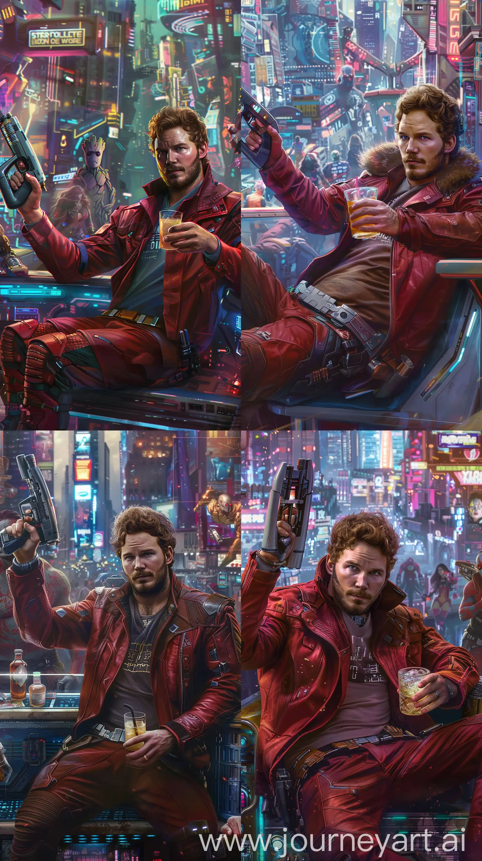 In the image, Star-Lord, a man with brown hair and a beard, is holding a blaster while sitting on a booth in a cyberpunk city. He wears a red jacket and holds a drink in his hand. The background features a cityscape with neon lights and his team --ar 9:16