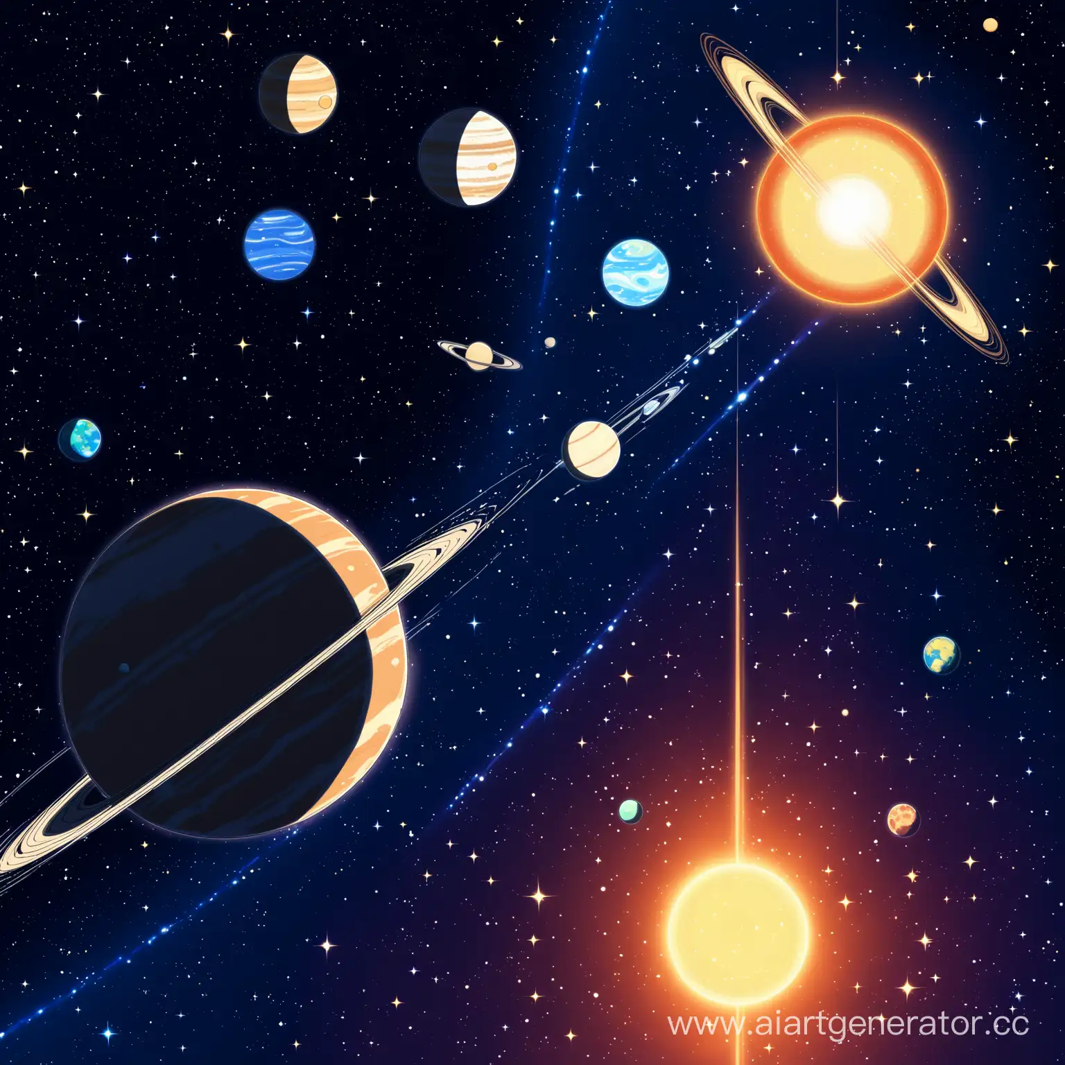 звездная космическая система из солнца и трех планет в стиле аниме
