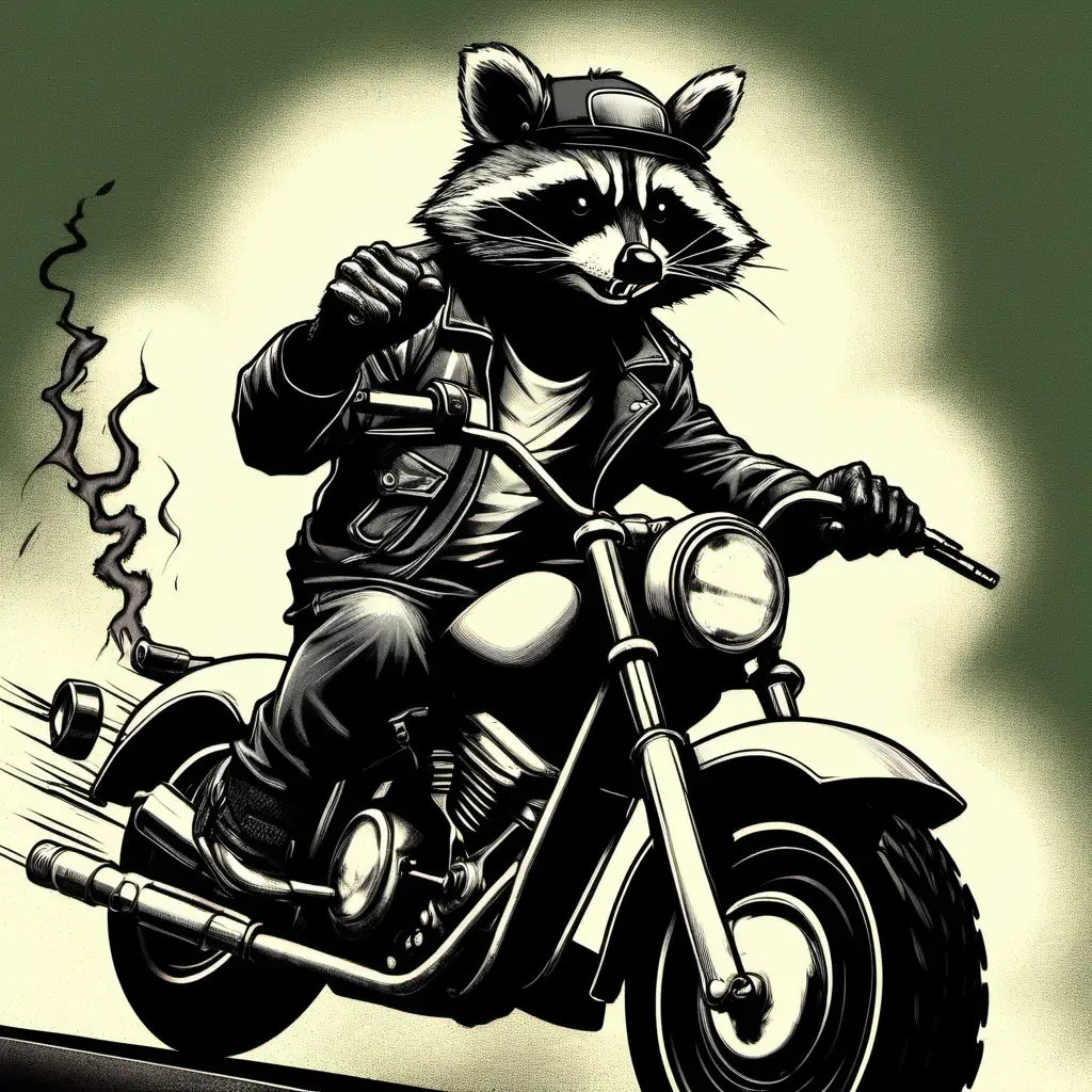 A badass raccoon riding a motorcycle with his fist in the air and a cigarette in his mouth 