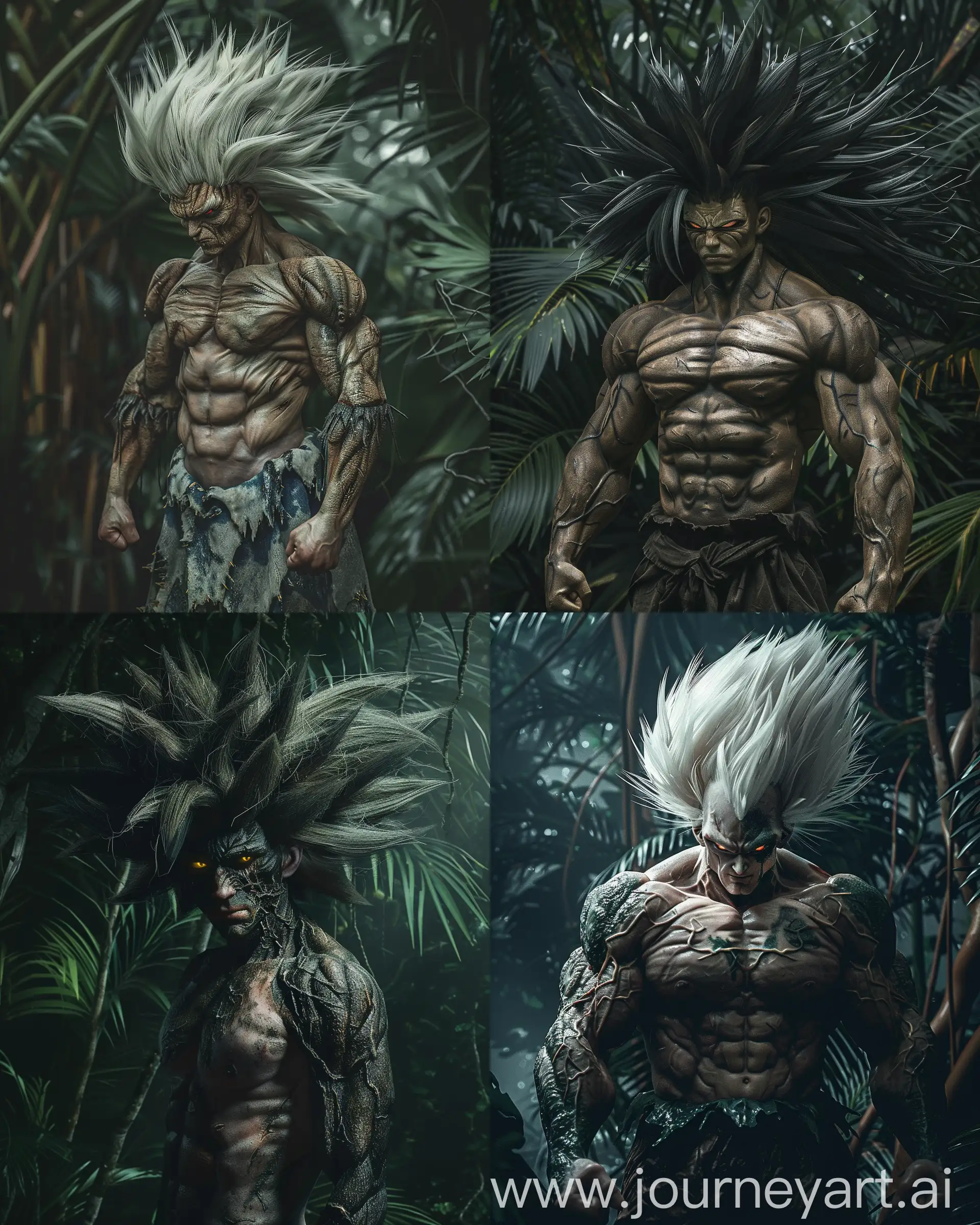 Real portrait photo of person blend of Goku_venom, Goku from dragonball world, Vegeta wig, power house very large muscular and terrifying looking, jungle background, horror movie style, hyperrealistic, hyperrealism, HDR 32K UHD high luxury crispy details. --ar 4:5 --v 6