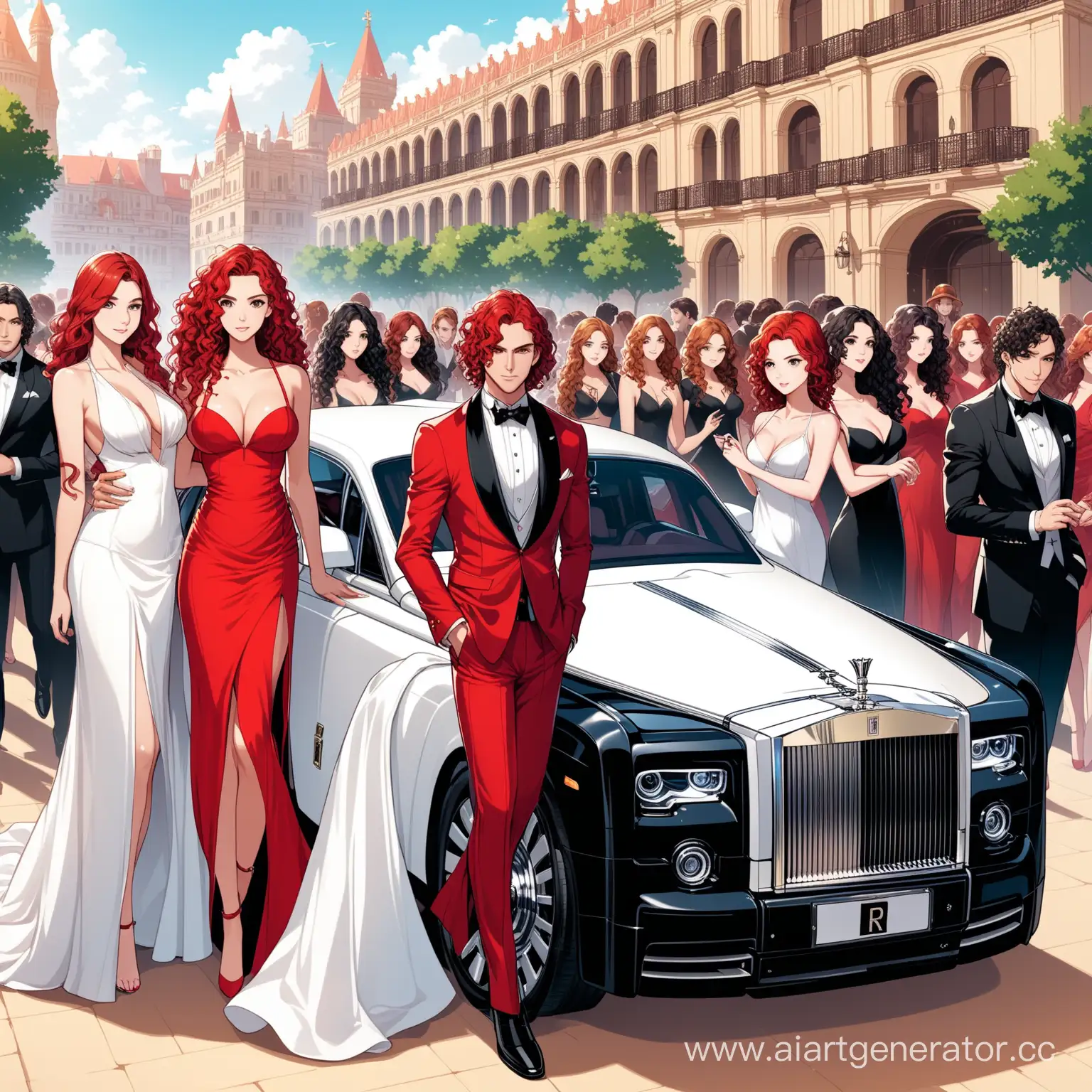 draw a cover where there is a curly-haired guy in white clothes in the middle, there is a rolls Royce phantom in the back, there are many girls in black and red clothes behind the curly-haired guy