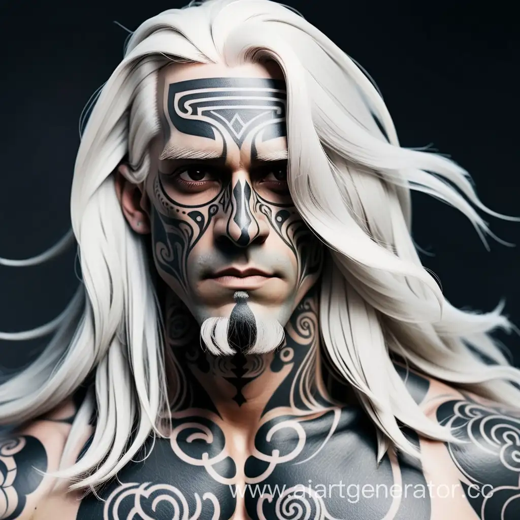 Man-with-Long-White-Hair-and-Black-Tattoos-on-Face-and-Body