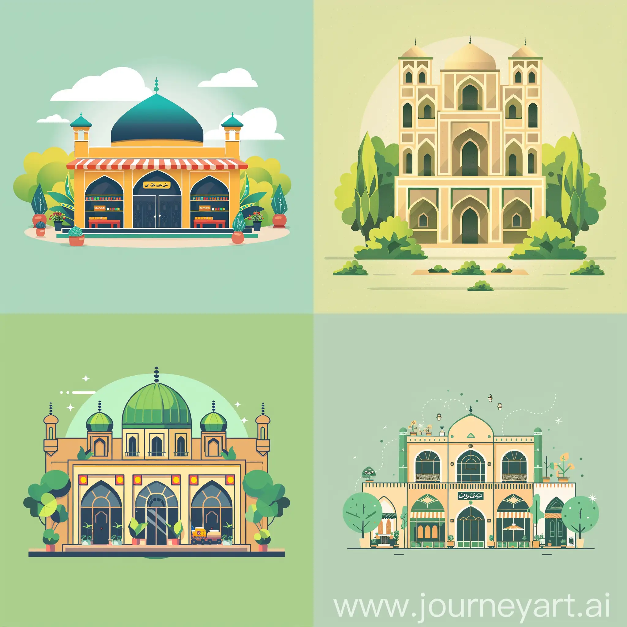 illustration a minimal graphic image about "How to build ecommerce website in Kashan city in Iran" using Iranian architecture concept in it with simple persian green color background (code:#00A693)