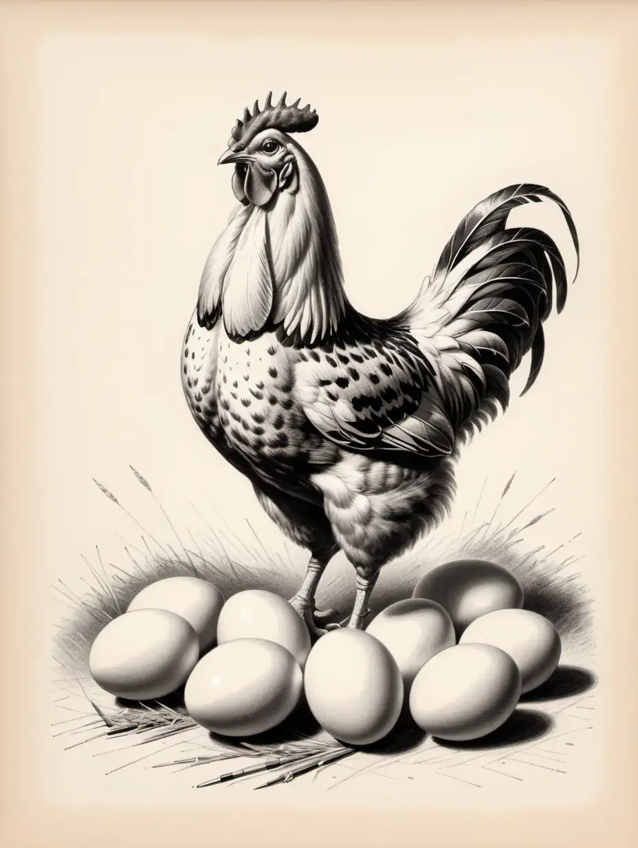 
"Produce a stunning black and white vintage, advertising 1950 style, retro, cool and mid-century pencil drawing of a chicken and eggs