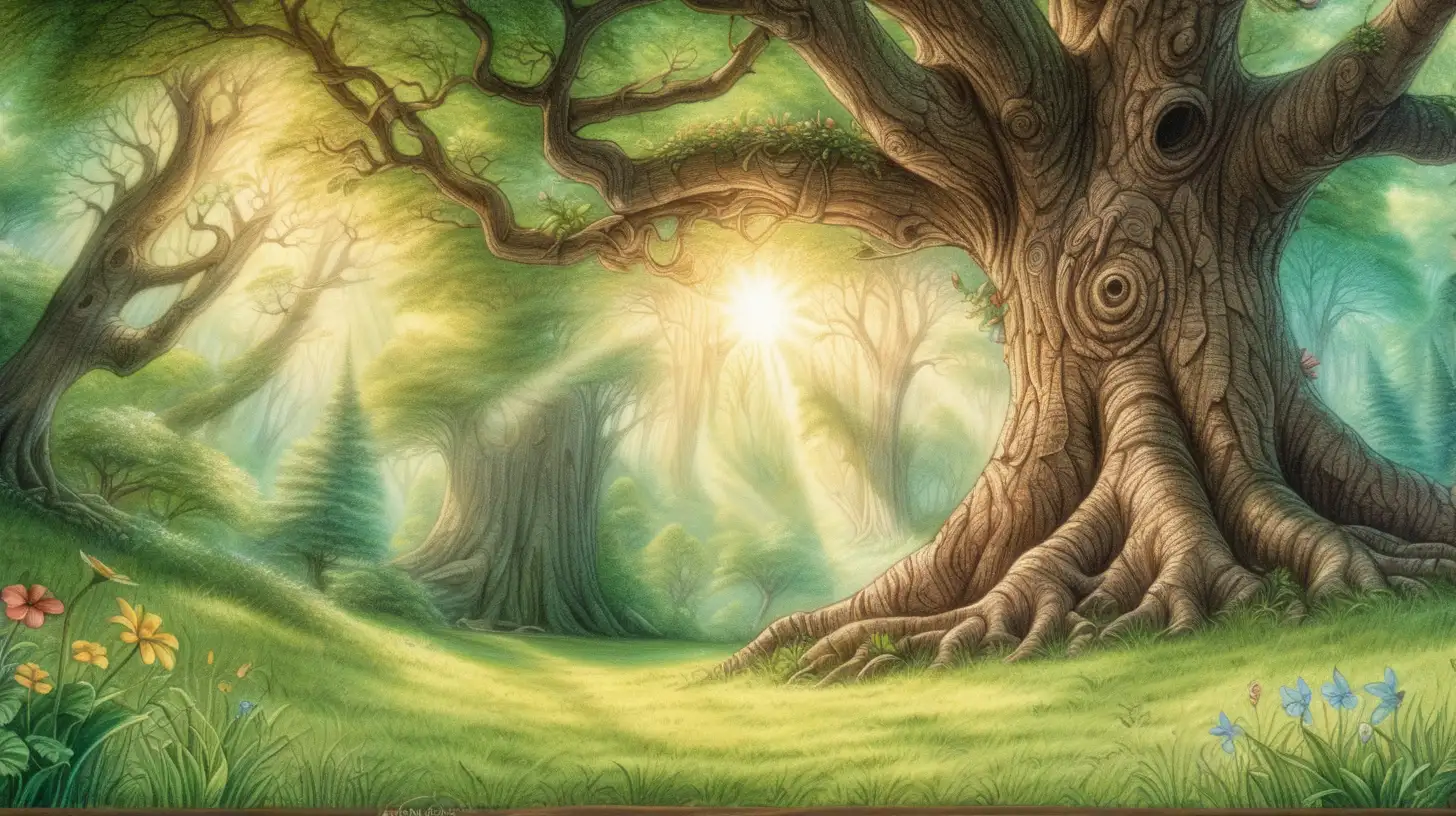 wallpaper, Woodland, crayon drawing, fairy tale style, big tree, illustrated trunk, green grass, forest flowers, view into the forest, the tree is nicely shaded, you can see a lot of shades, how the sun shines through there, The background behind the forest is slightly lost .
